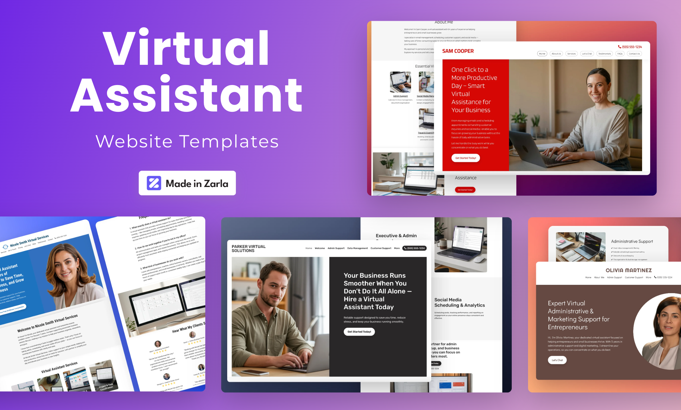 Collection of virtual assistant website templates created with Zarla