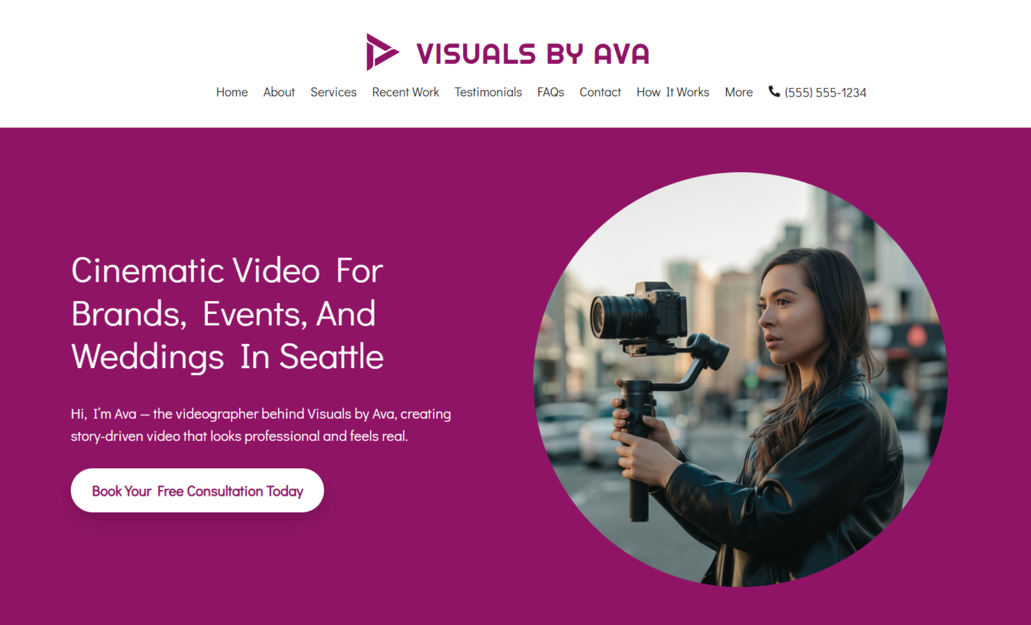 Visuals by Ava homepage hero displaying the headline “Cinematic Video For Brands, Events, And Weddings In Seattle” beside a circular photo of a videographer filming with a gimbal and a button that says “Book Your Free Consultation Today.”