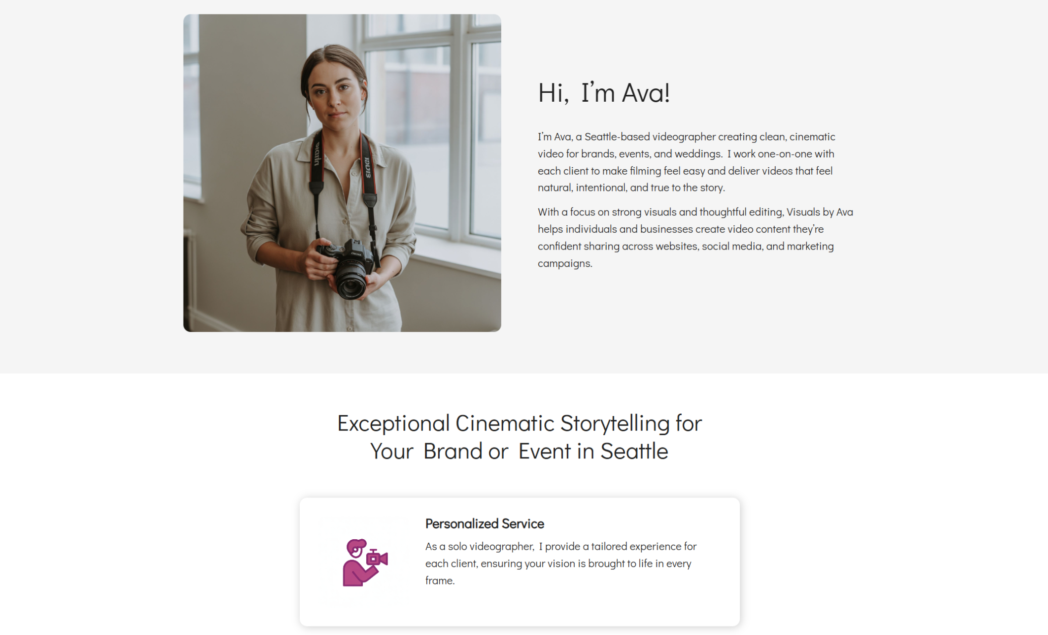 Visuals by Ava About section featuring a portrait of Ava holding a DSLR camera beside the headline “Hi, I’m Ava!” and a short introduction describing her Seattle-based cinematic videography services