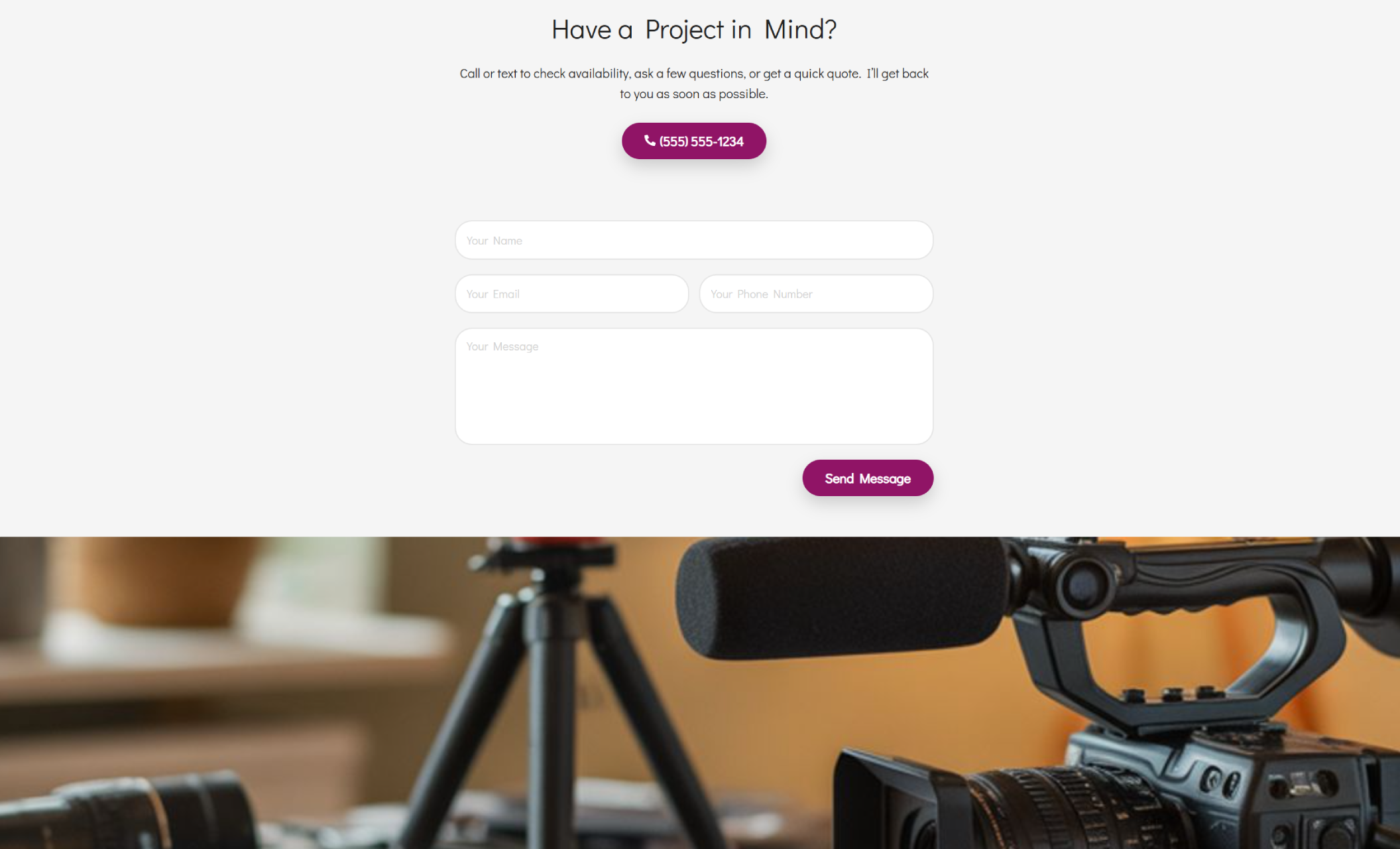 Visuals by Ava contact section showing the headline “Have a Project in Mind?”, a purple call button with “(555) 555-1234,” and a clean contact form above a close-up photo of a video camera and microphone