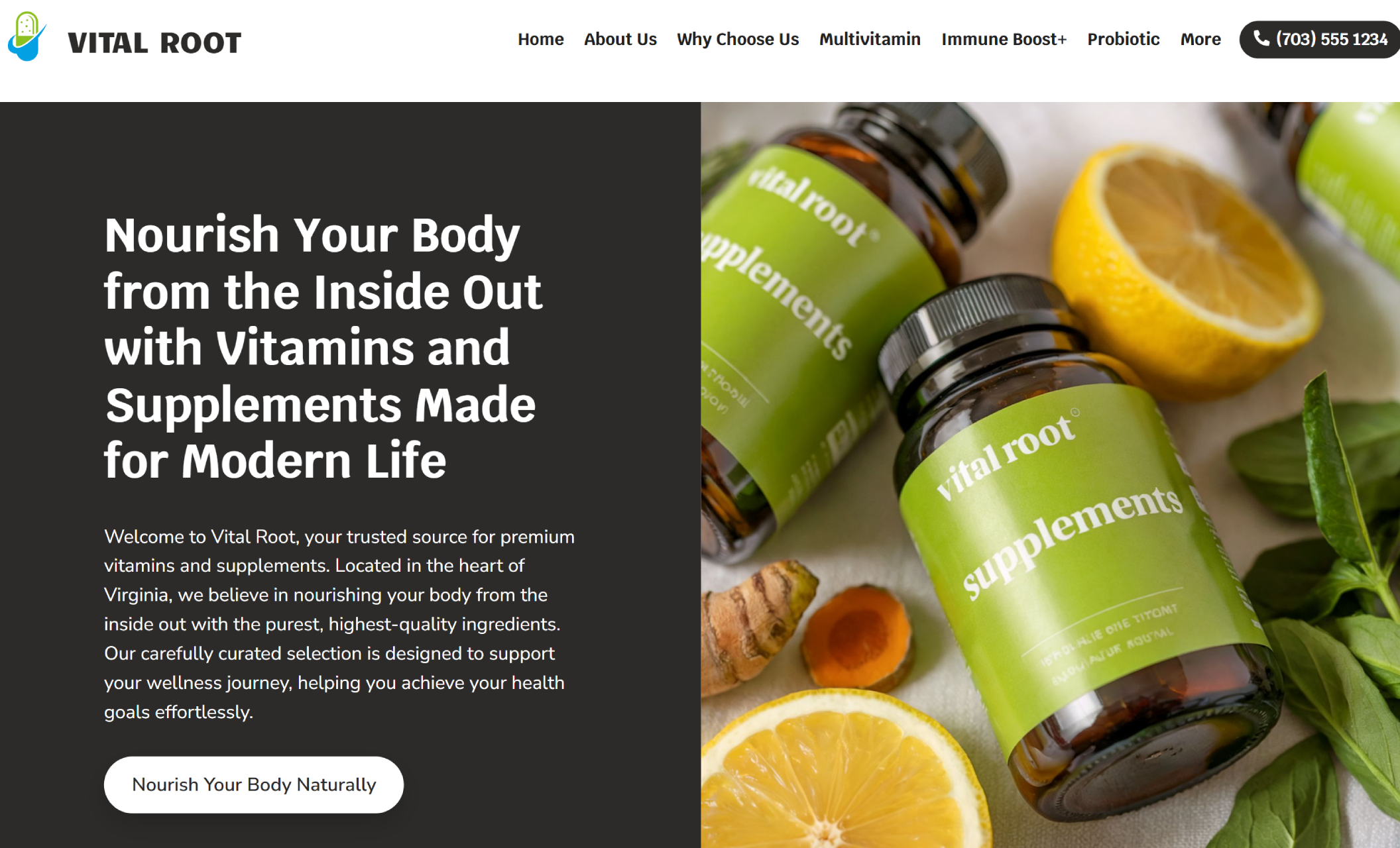 Vital Root homepage featuring a flat lay of supplement bottles labeled “vital root,” surrounded by fresh turmeric, lemon slices, and leafy greens, next to a bold headline that reads “Nourish Your Body from the Inside Out with Vitamins and Supplements Made for Modern Life”