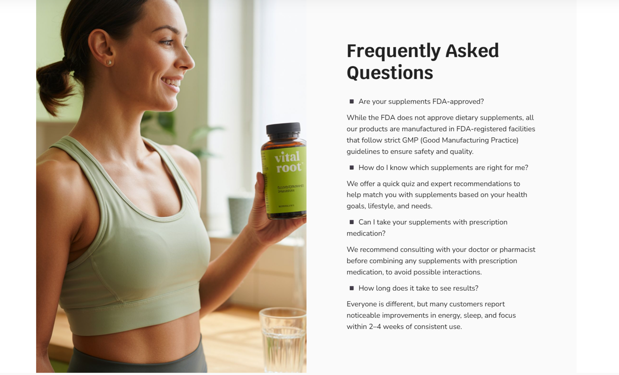 Vital Root FAQ section with a smiling woman in a green sports bra holding a bottle of supplements, beside a list of frequently asked questions covering FDA approval, supplement selection, medication interactions, and expected results