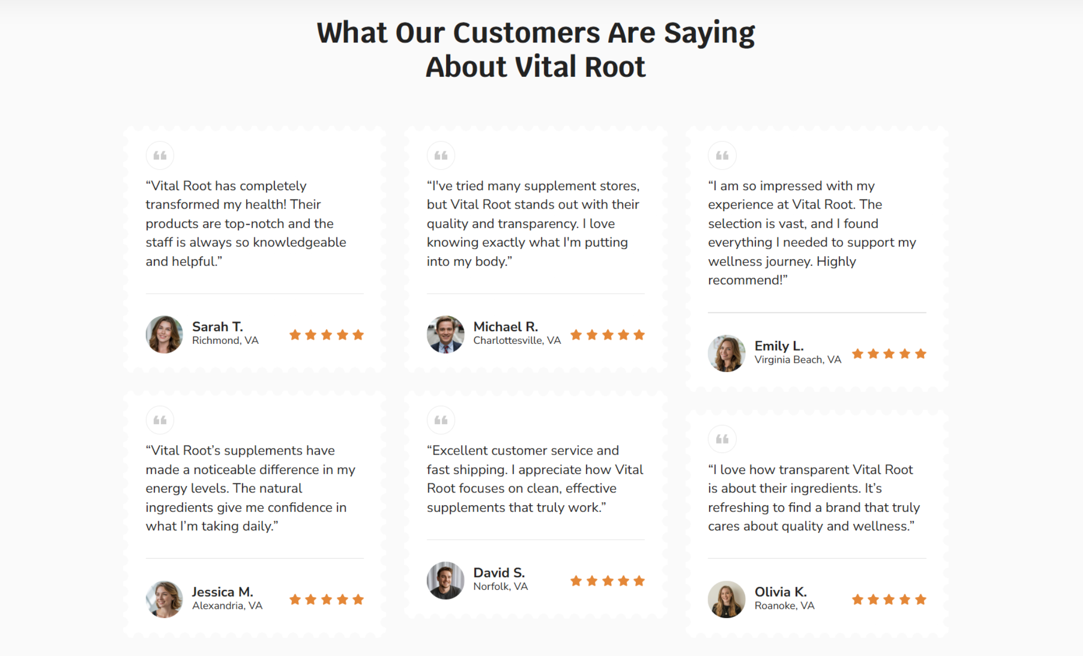 Customer testimonial section from the Vital Root site with six reviews from customers in Virginia, each with a star rating and quotes praising the brand’s transparency, quality, and noticeable wellness benefits