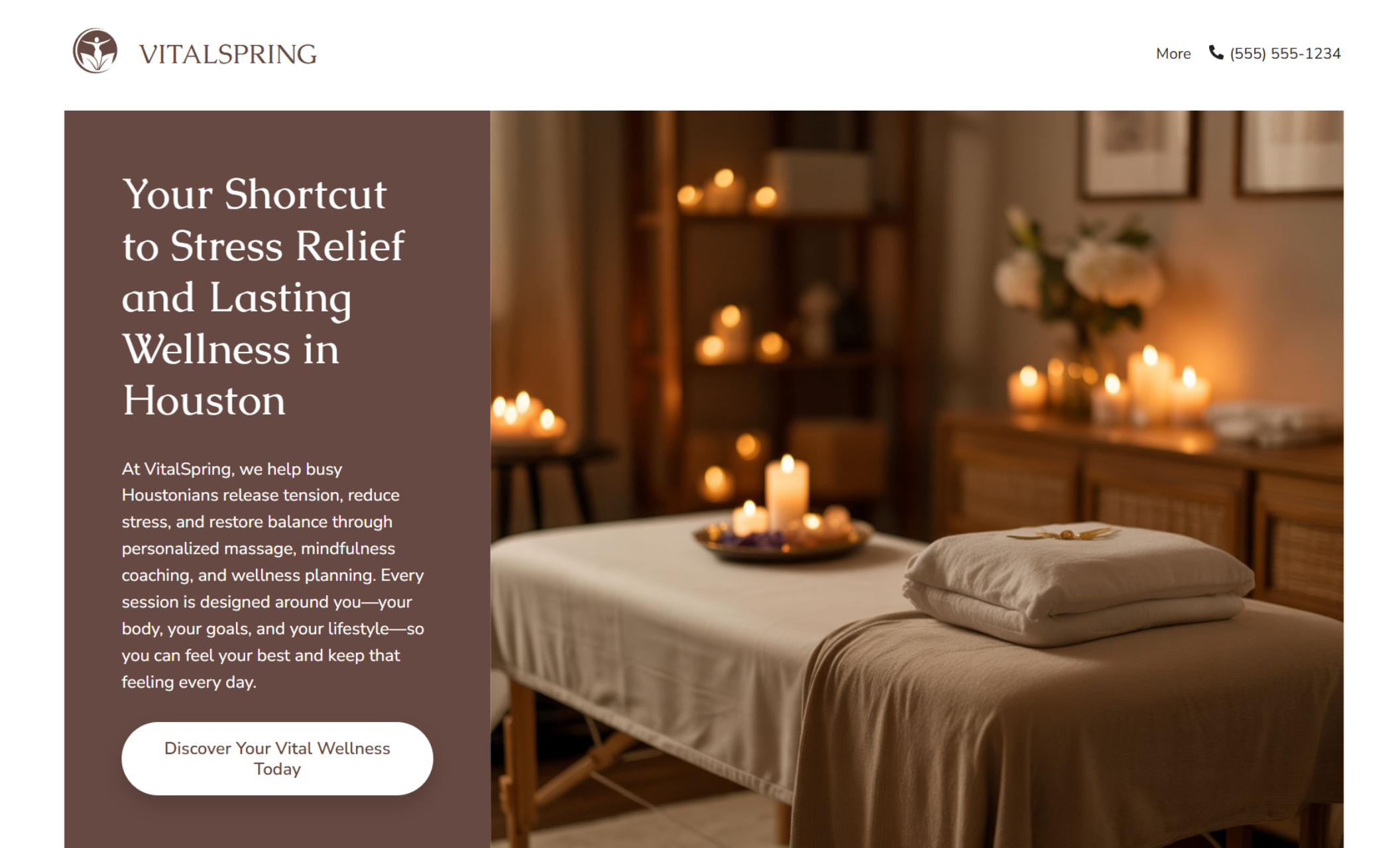 VitalSpring homepage featuring a warmly lit massage room with candles and folded towels, alongside the headline “Your Shortcut to Stress Relief and Lasting Wellness in Houston” and a white button that says “Discover Your Vital Wellness Today.”