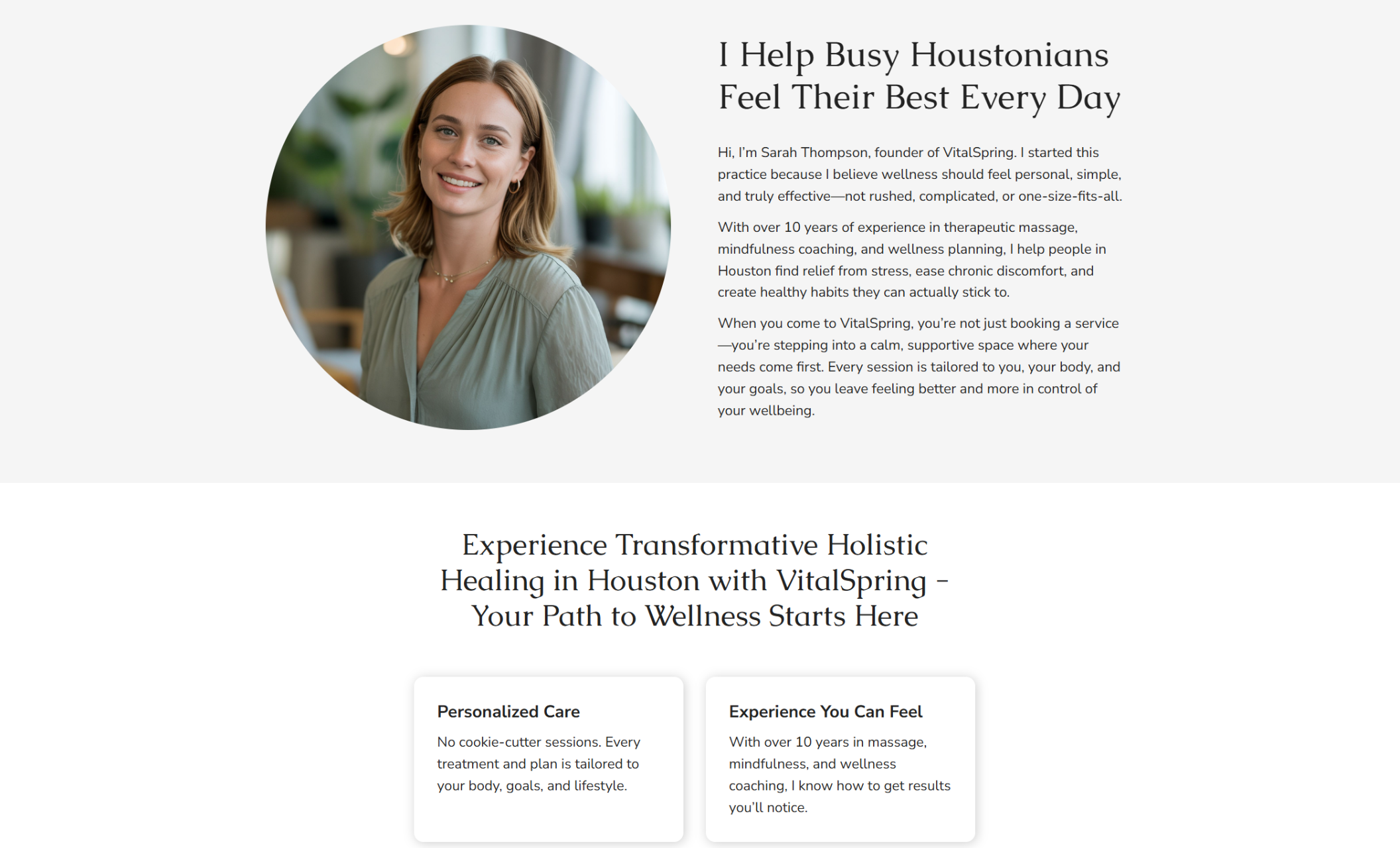 VitalSpring founder section featuring a smiling woman in a green blouse beside the headline “I Help Busy Houstonians Feel Their Best Every Day” and a detailed introduction about her personalized approach to wellness, followed by service highlights below