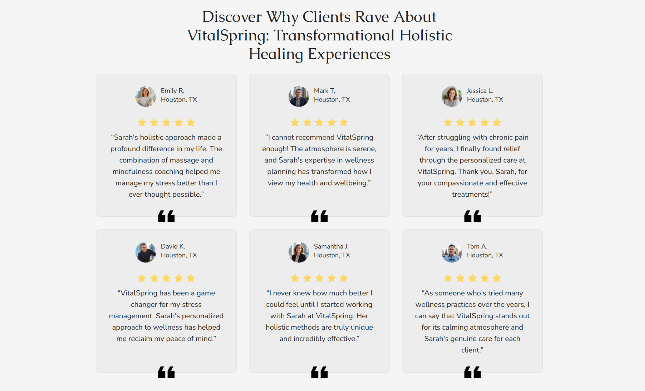 VitalSpring testimonial section displaying six client reviews under the headline “Discover Why Clients Rave About VitalSpring: Transformational Holistic Healing Experiences,” each with names, locations, star ratings, and personalized feedback