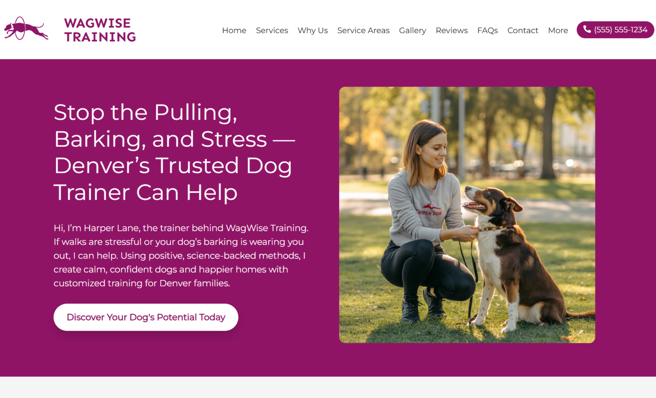 WagWise Training homepage hero featuring a dog trainer kneeling beside a seated dog in a sunny park, alongside the headline “Stop the Pulling, Barking, and Stress — Denver’s Trusted Dog Trainer Can Help” and a call-to-action button inviting visitors to discover their dog’s potential