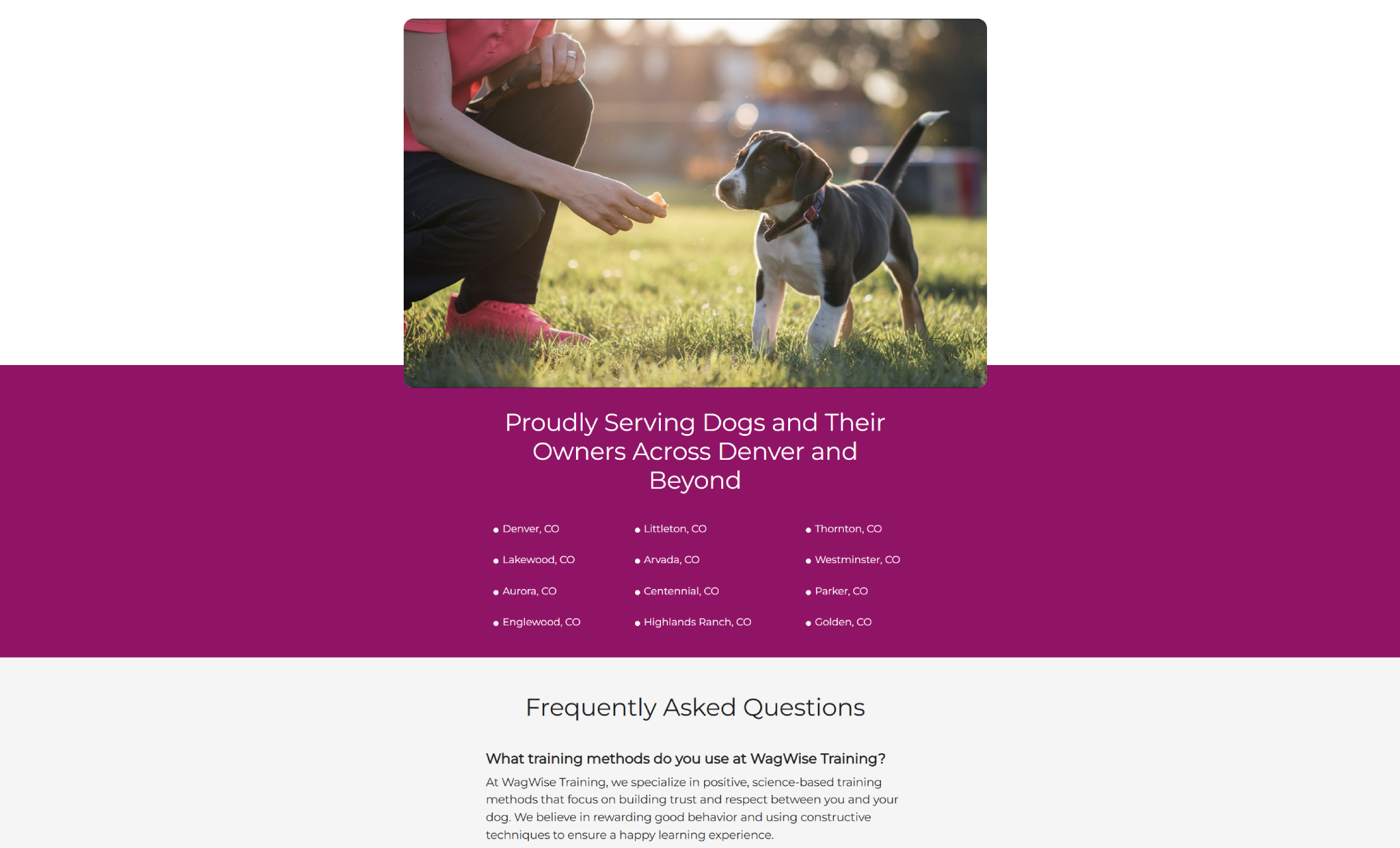 WagWise Training service area section showing a trainer offering a treat to a young dog on grass, paired with the heading “Proudly Serving Dogs and Their Owners Across Denver and Beyond” and a list of surrounding Colorado cities