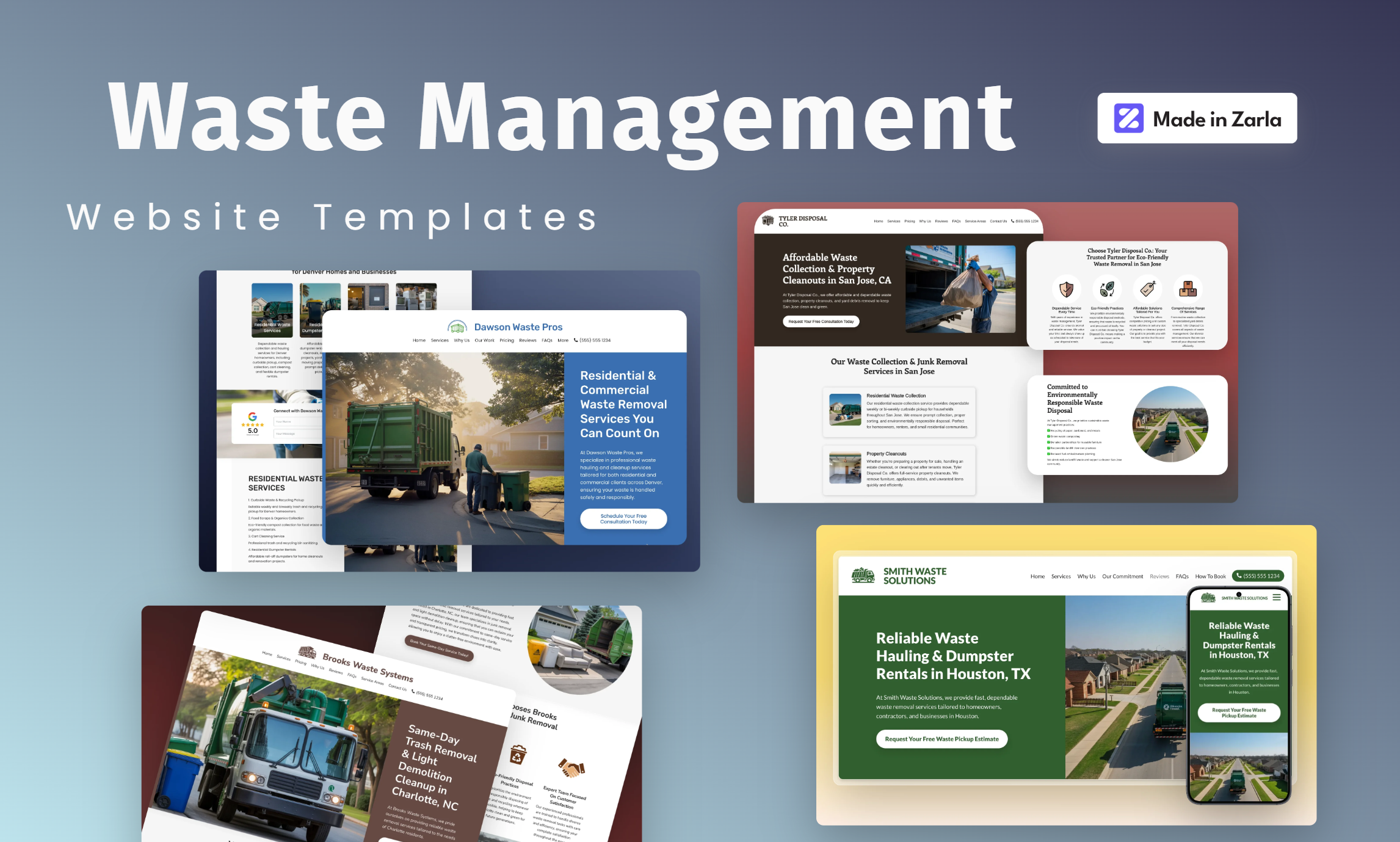 Collection of waste management website templates created with Zarla