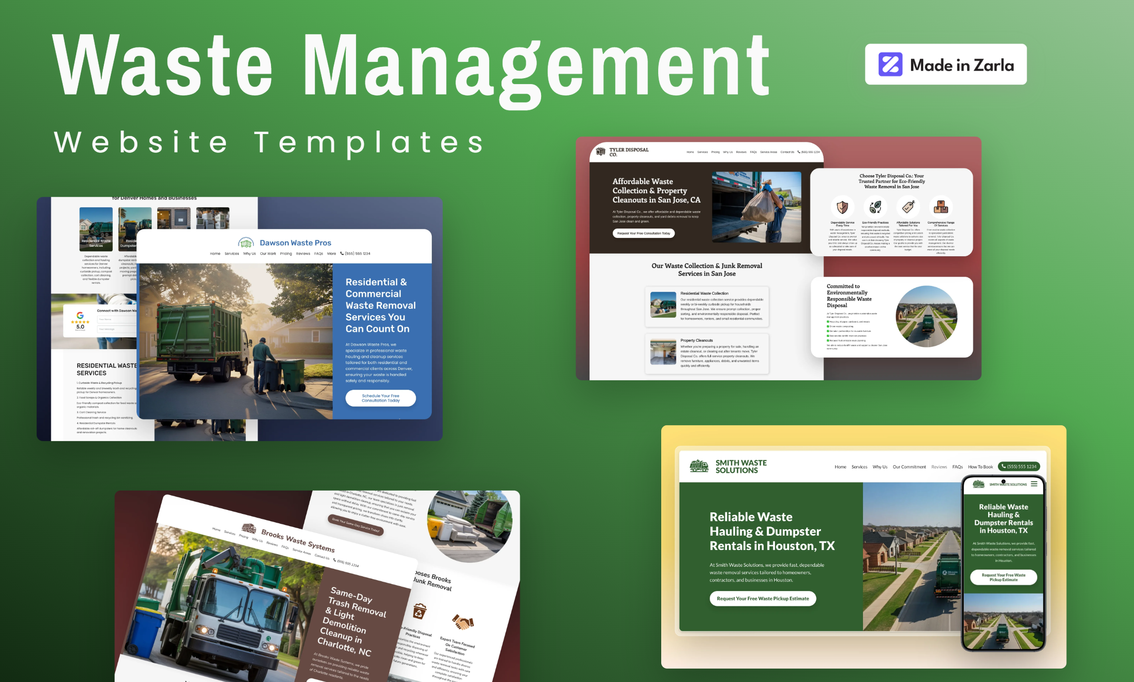 Collection of waste management website templates created with Zarla
