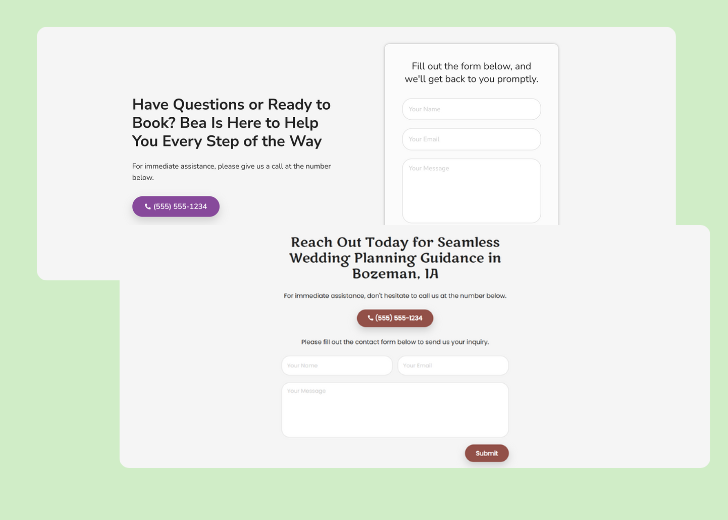 Screenshot of a contact form titled 'Get in touch' with a blue-colored primary button with a contact number, with input fields for Name, Email, and Message