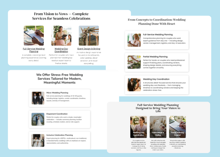 A collage of services section generated by Zarla showing different styles of service items, all having a picture, a title, and a brief description