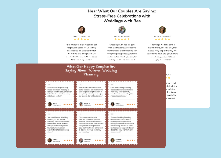 A collage of reviews section generated by Zarla showing different styles of testimonials