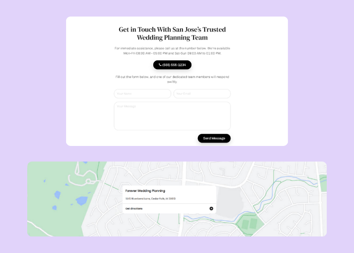 A screenshot of a header with navigation pills with contact number, a blue-colored primary button with contact number, and a 2D depiction of a map with a business address in the center