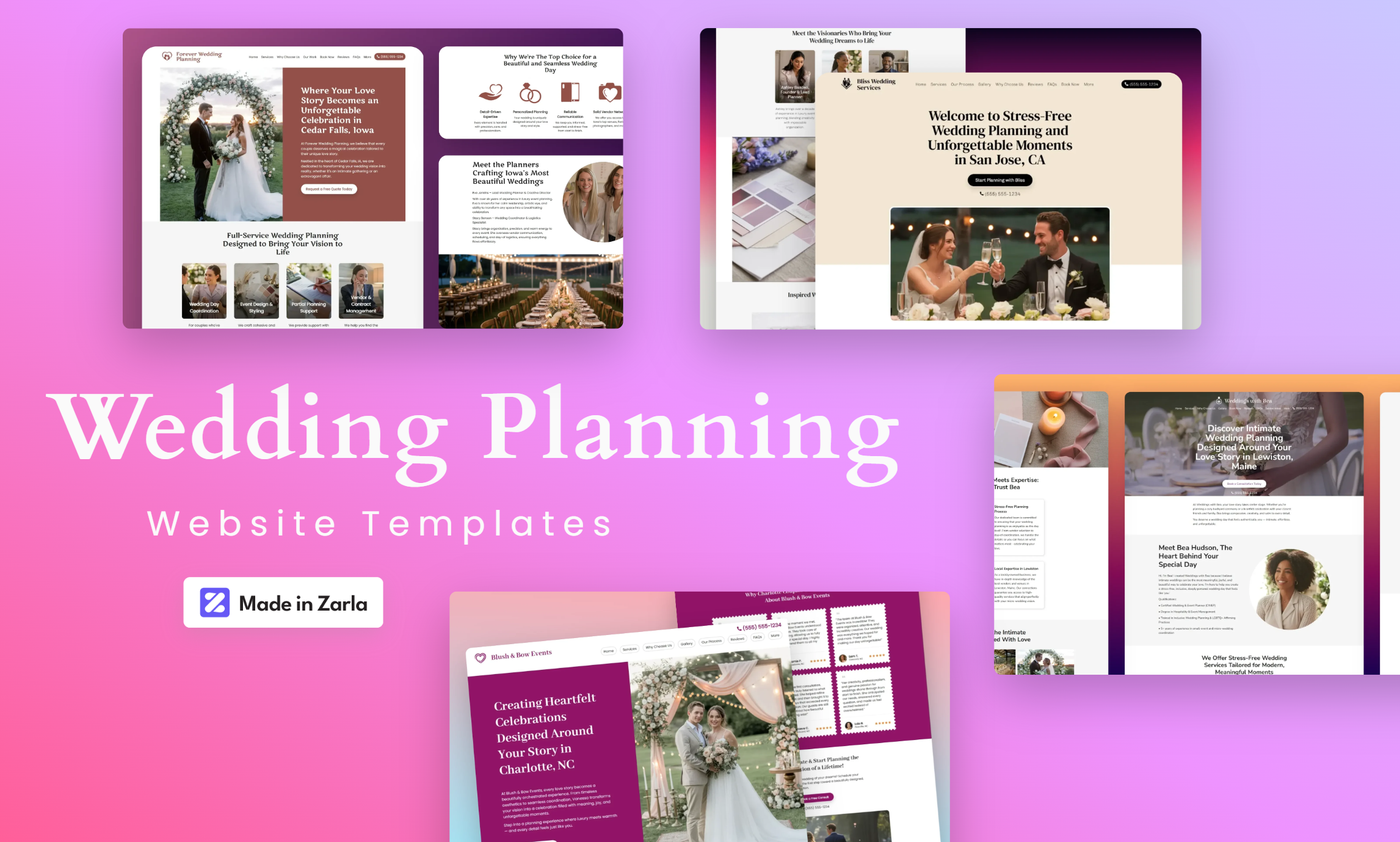 Collection of wedding planner website templates made with Zarla's AI website builder