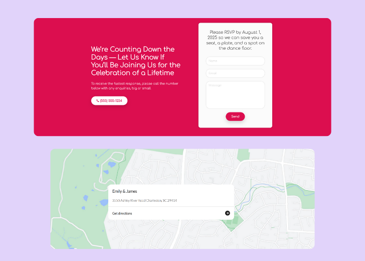 A screenshot of a header with navigation pills with contact number, a blue-colored primary button with contact number, and a 2D depiction of a map with a business address in the center