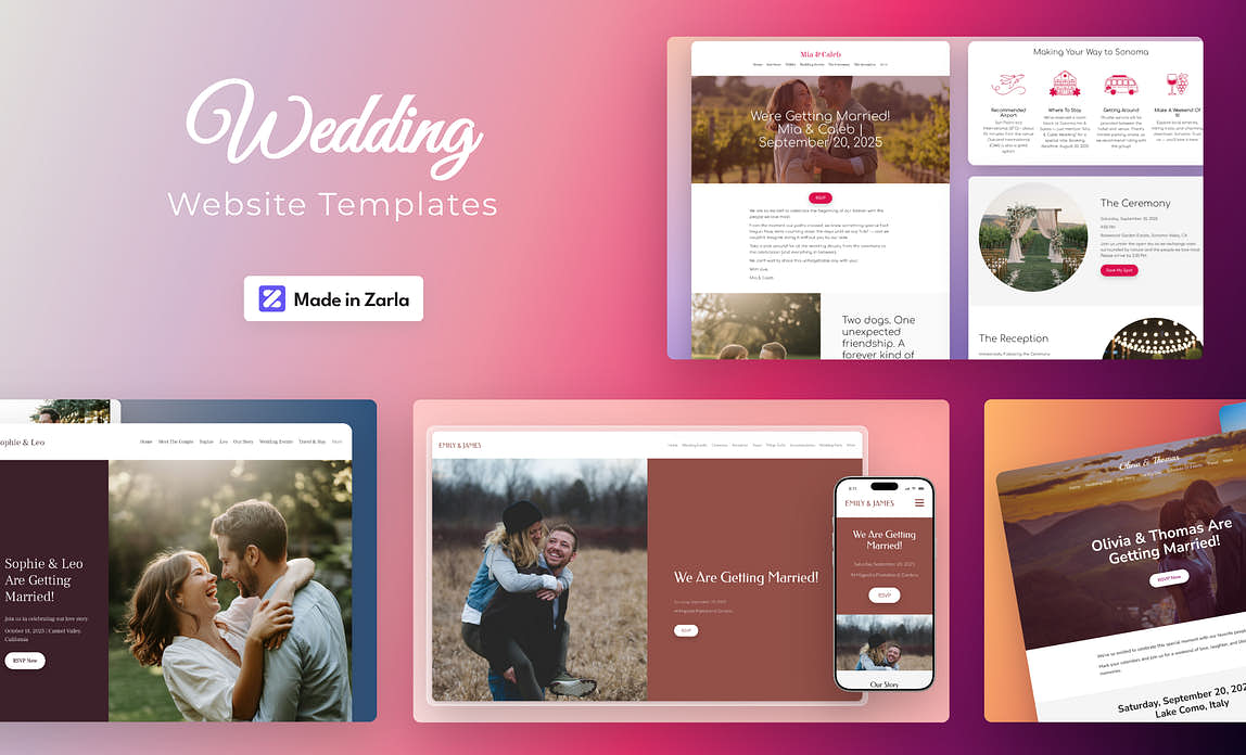 Collection of wedding website templates created with Zarla