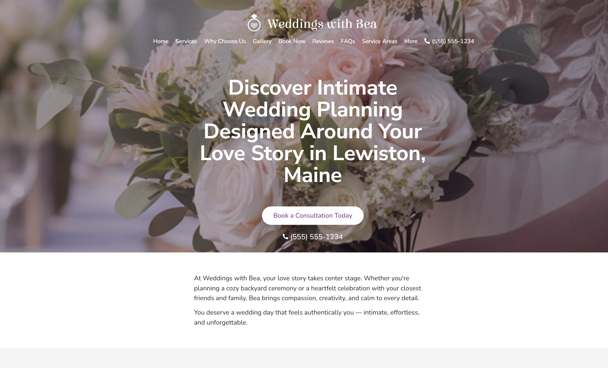 Weddings with Bea homepage hero featuring a close-up bouquet of soft pink and white roses behind the headline “Discover Intimate Wedding Planning Designed Around Your Love Story in Lewiston, Maine,” with a lilac “Book a Consultation Today” button below
