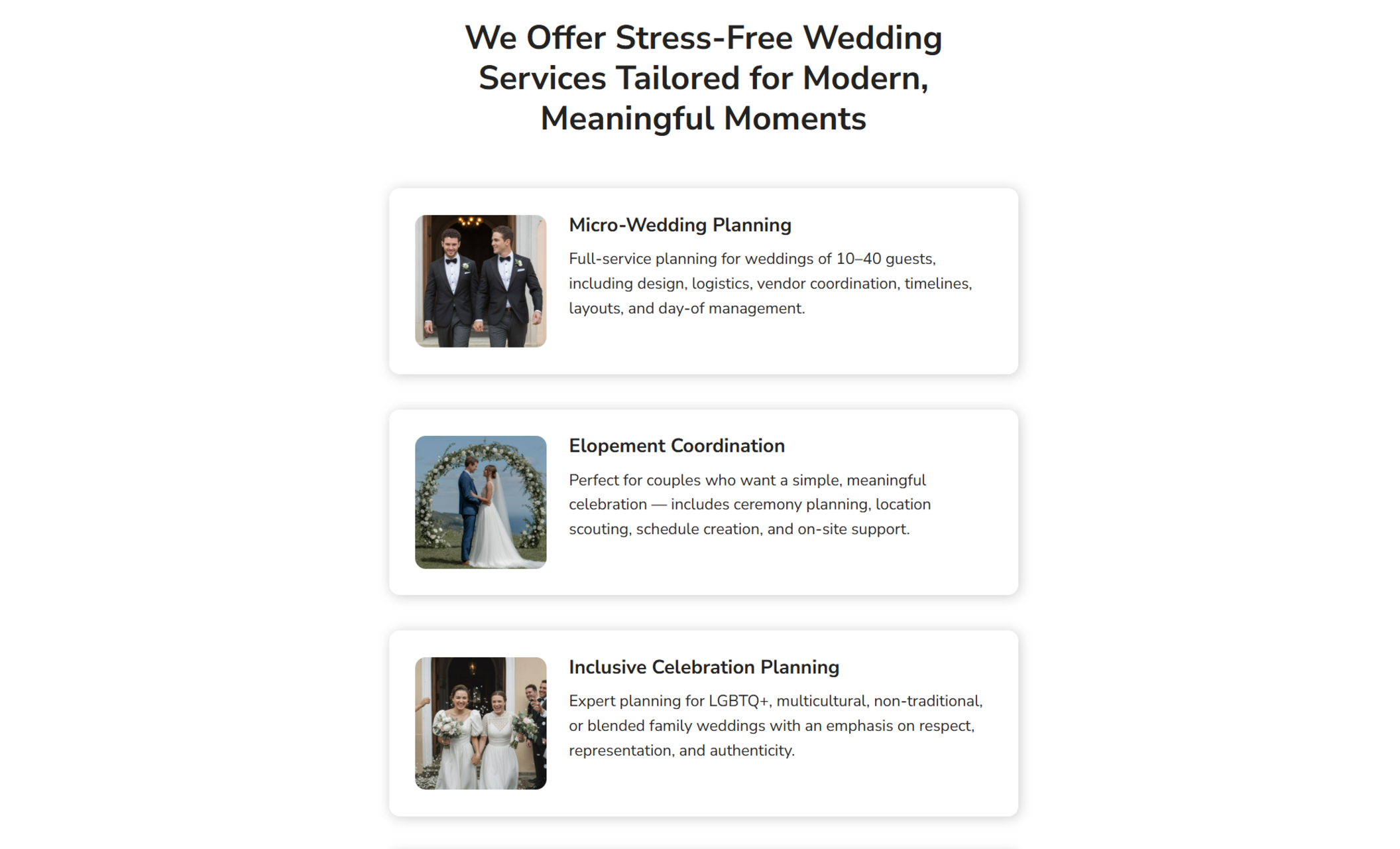 Services overview section displaying three service cards—each with a wedding photo—highlighting Micro-Wedding Planning, Elopement Coordination, and Inclusive Celebration Planning beneath the headline “We Offer Stress-Free Wedding Services Tailored for Modern, Meaningful Moments.”