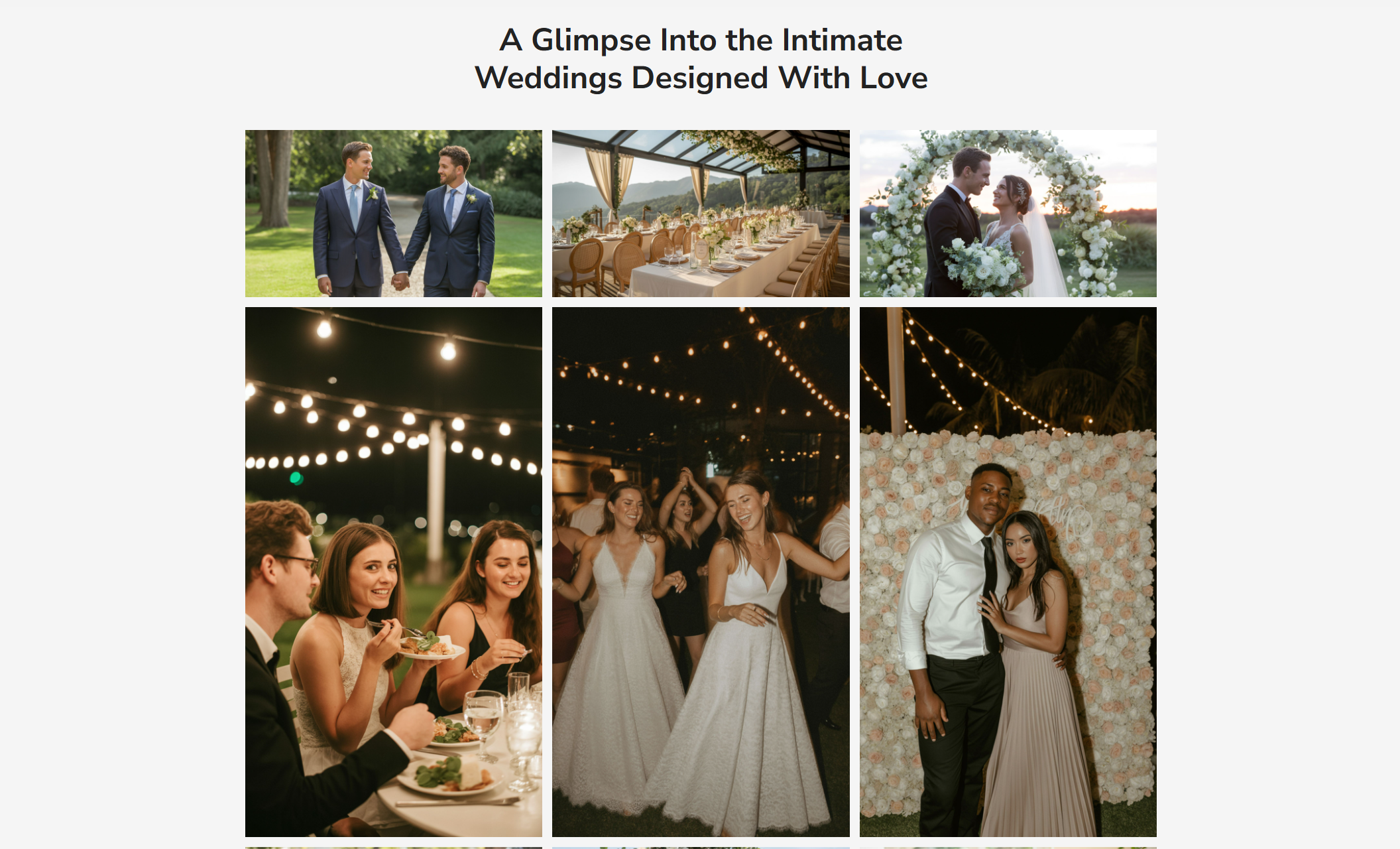 Gallery section featuring a collage of intimate wedding moments, including two grooms holding hands, an elegant reception table under a glass canopy, a bride and groom standing beneath a floral arch, guests dining under string lights, brides dancing at an outdoor reception, and a couple posing in front of a rose backdrop