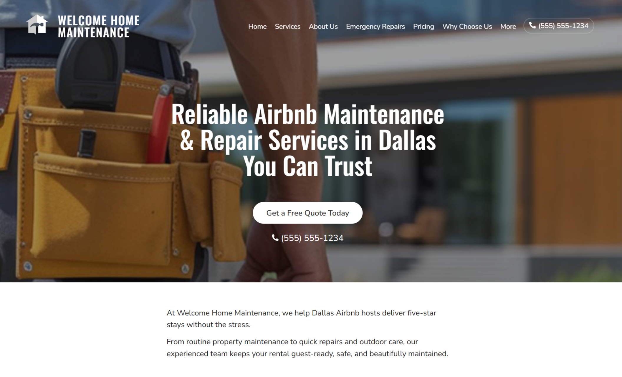 Welcome Home Maintenance homepage hero featuring the headline “Reliable Airbnb Maintenance & Repair Services in Dallas You Can Trust,” over a close-up of a tool belt and a centered “Get a Free Quote Today” button