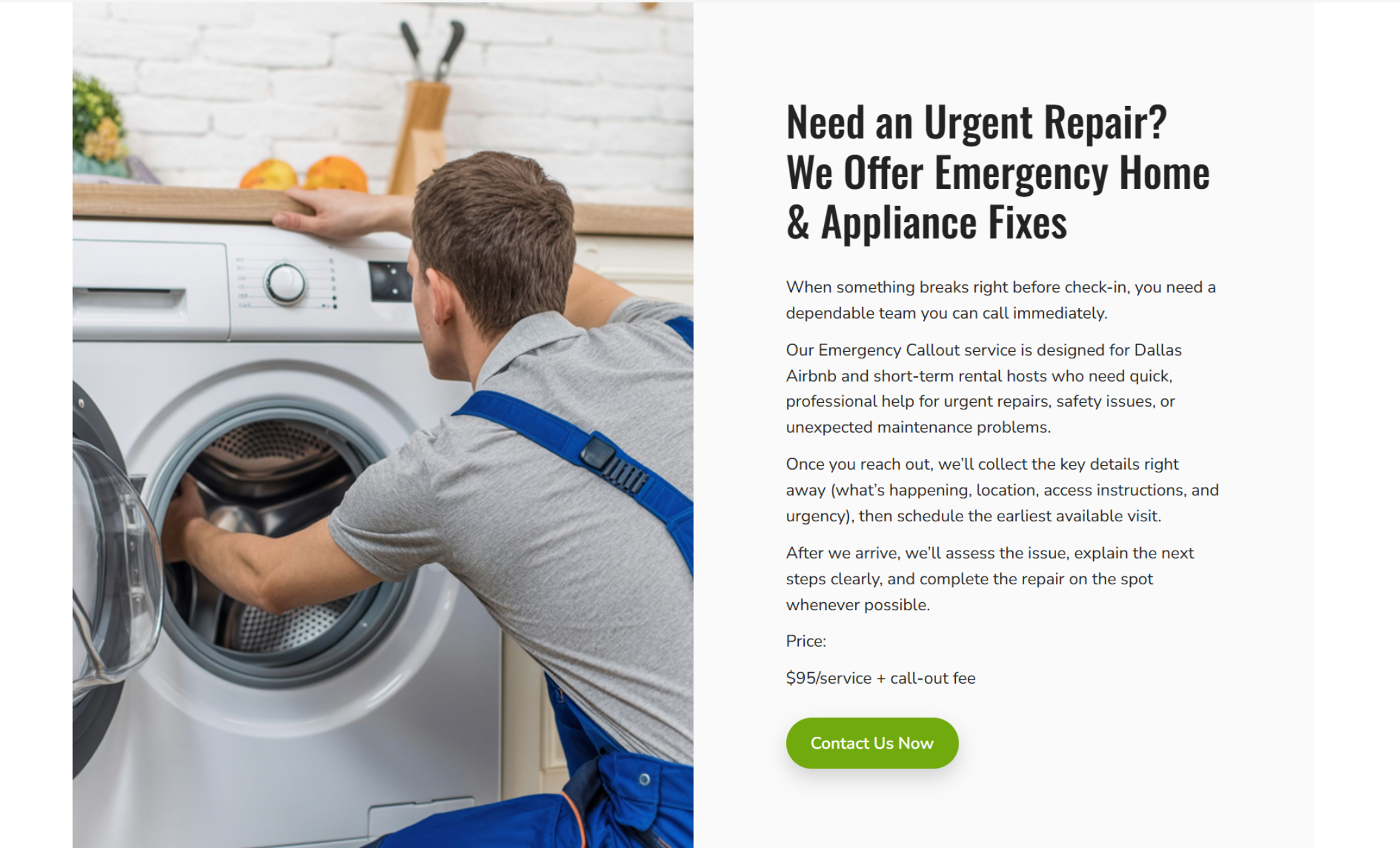 Welcome Home Maintenance service section showing a technician repairing a washing machine beside the headline “Need an Urgent Repair? We Offer Emergency Home & Appliance Fixes” and a green “Contact Us Now” button