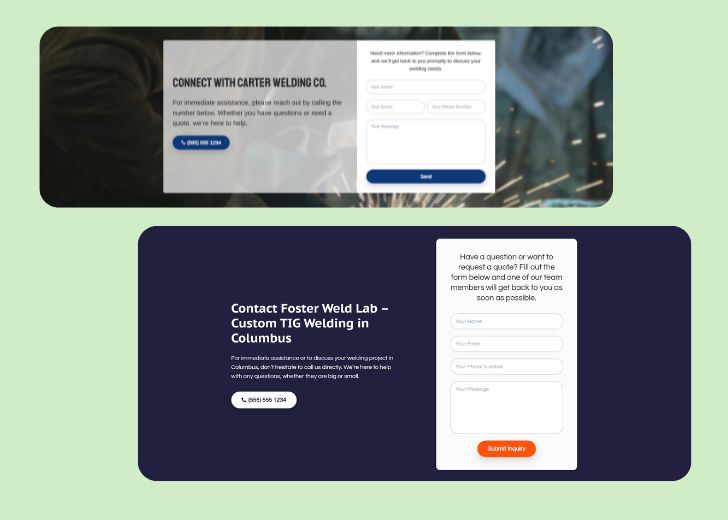 Screenshot of a contact form titled 'Get in touch' with a blue-colored primary button with a contact number, with input fields for Name, Email, and Message