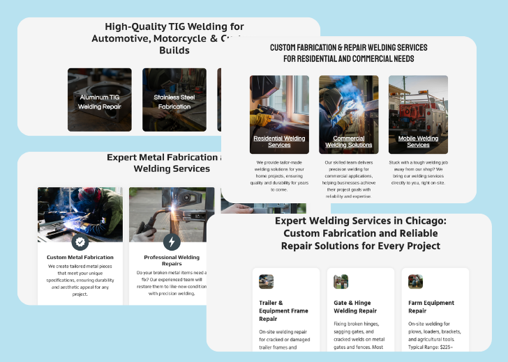 A collage of services section generated by Zarla showing different styles of service items, all having a picture, a title, and a brief description