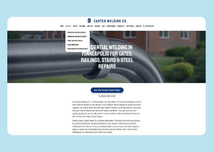 Spotless Touch landing page of a specific service titled 'Post Construction Cleaning' with a contact form on the side