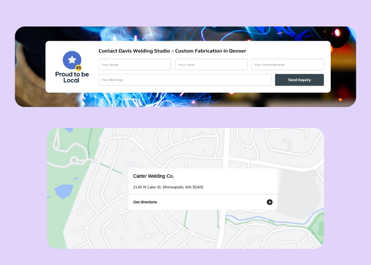 A screenshot of a header with navigation pills with contact number, a blue-colored primary button with contact number, and a 2D depiction of a map with a business address in the center
