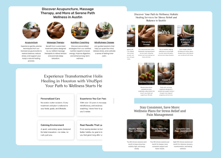A collage of services section generated by Zarla showing different styles of service items, all having a picture, a title, and a brief description