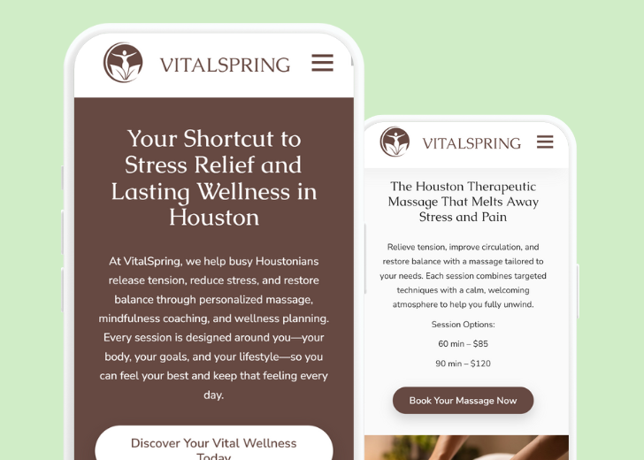 Revive Detailing and Spotless Touch landing pages in two smartphones, side by side, showing mobile view of the websites
