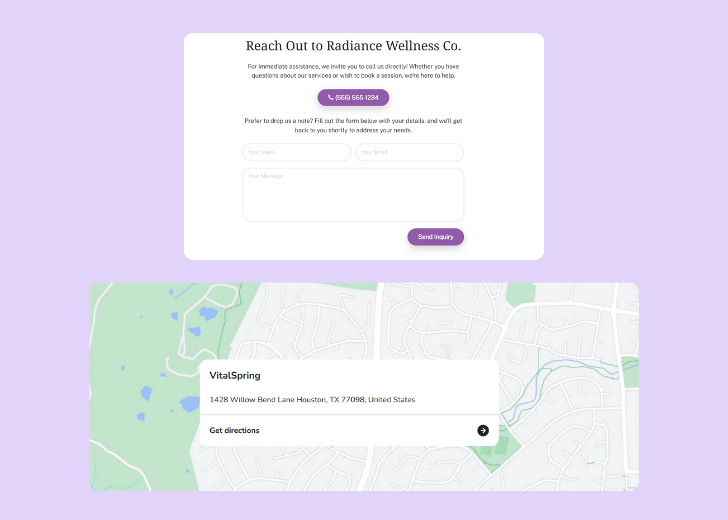 A screenshot of a header with navigation pills with contact number, a blue-colored primary button with contact number, and a 2D depiction of a map with a business address in the center