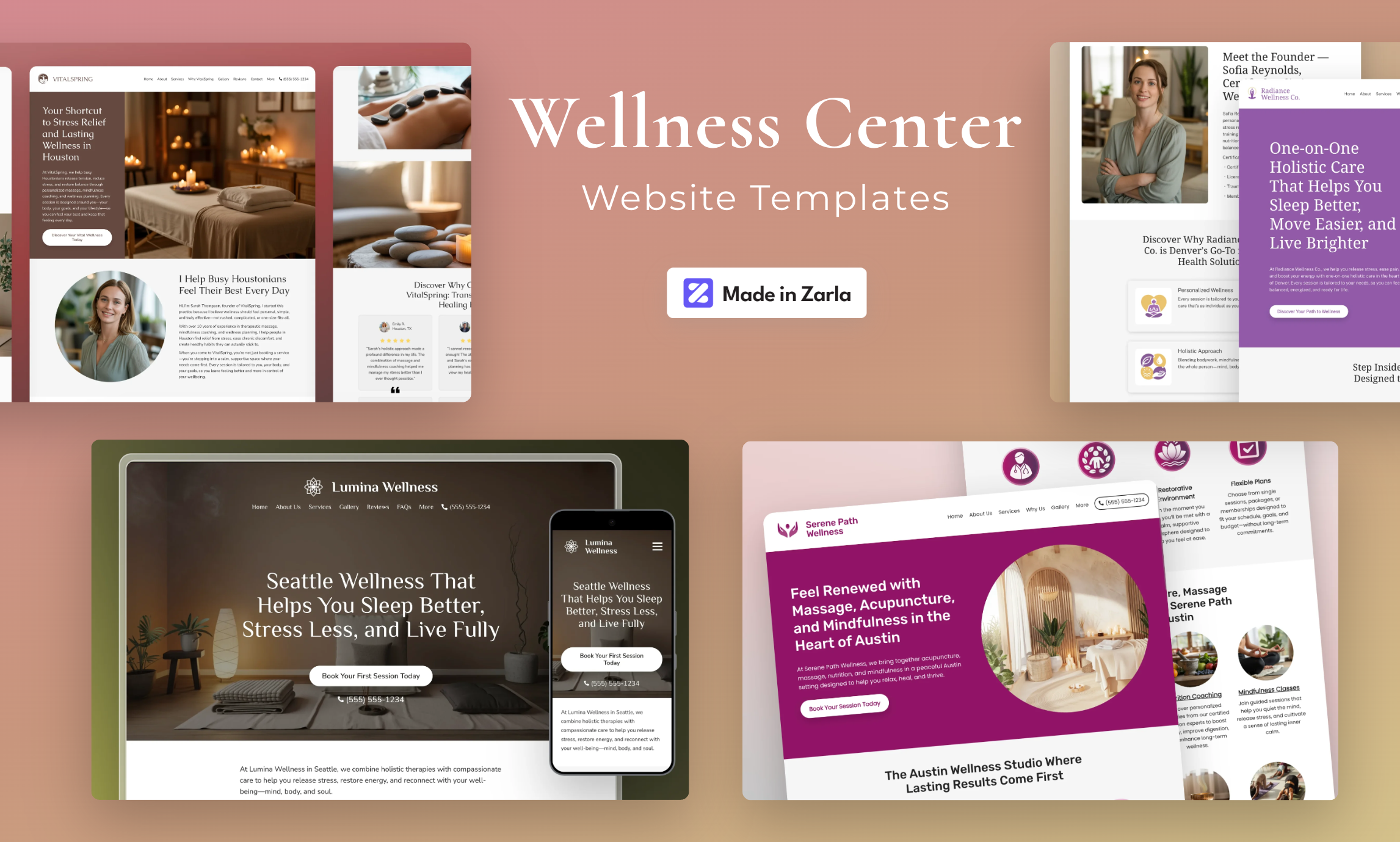 Collection of wellness center website templates created with Zarla