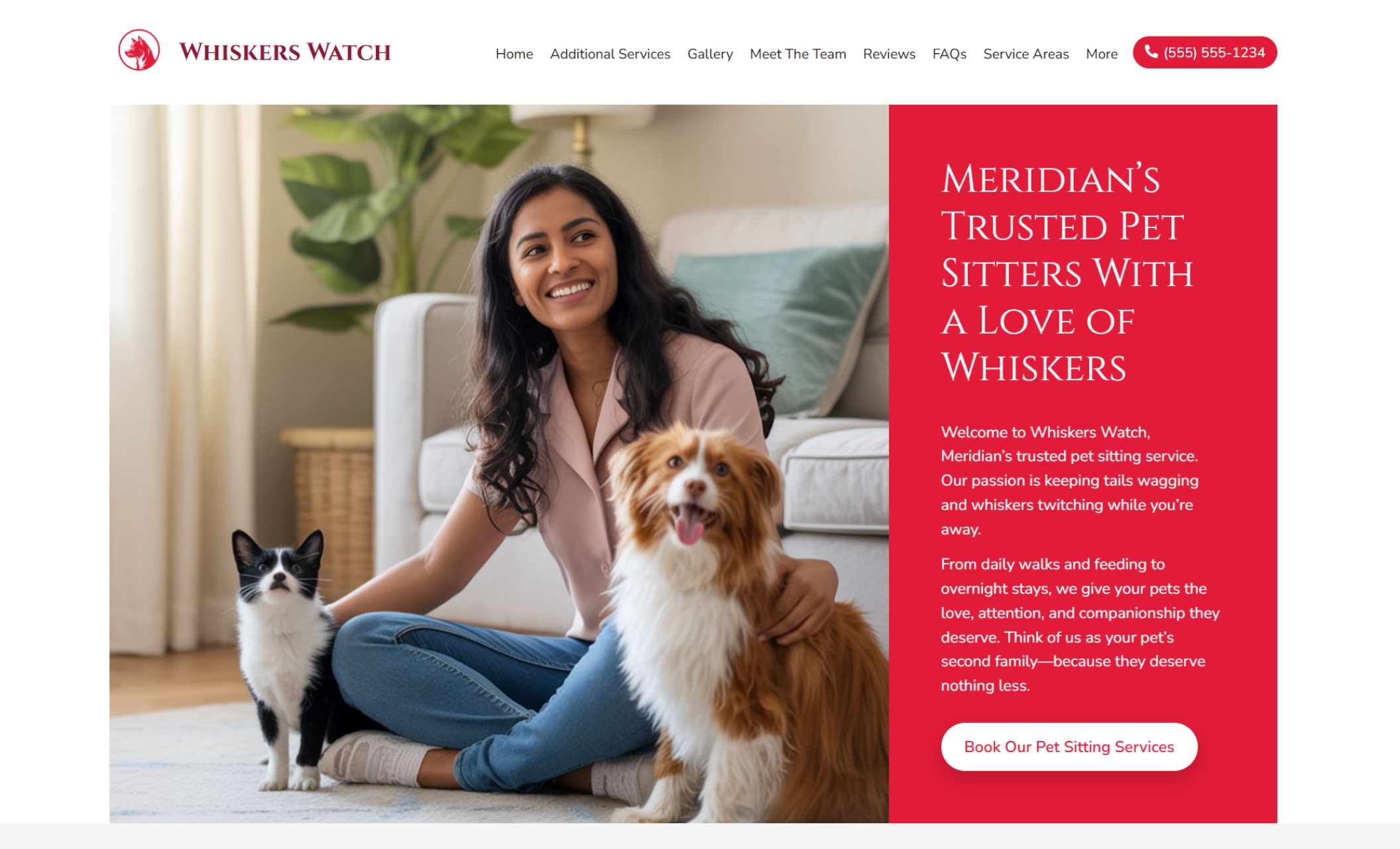 Whiskers Watch homepage featuring a smiling woman sitting on the floor with a dog and cat beside a bold red panel that reads “Meridian’s Trusted Pet Sitters With a Love of Whiskers.”