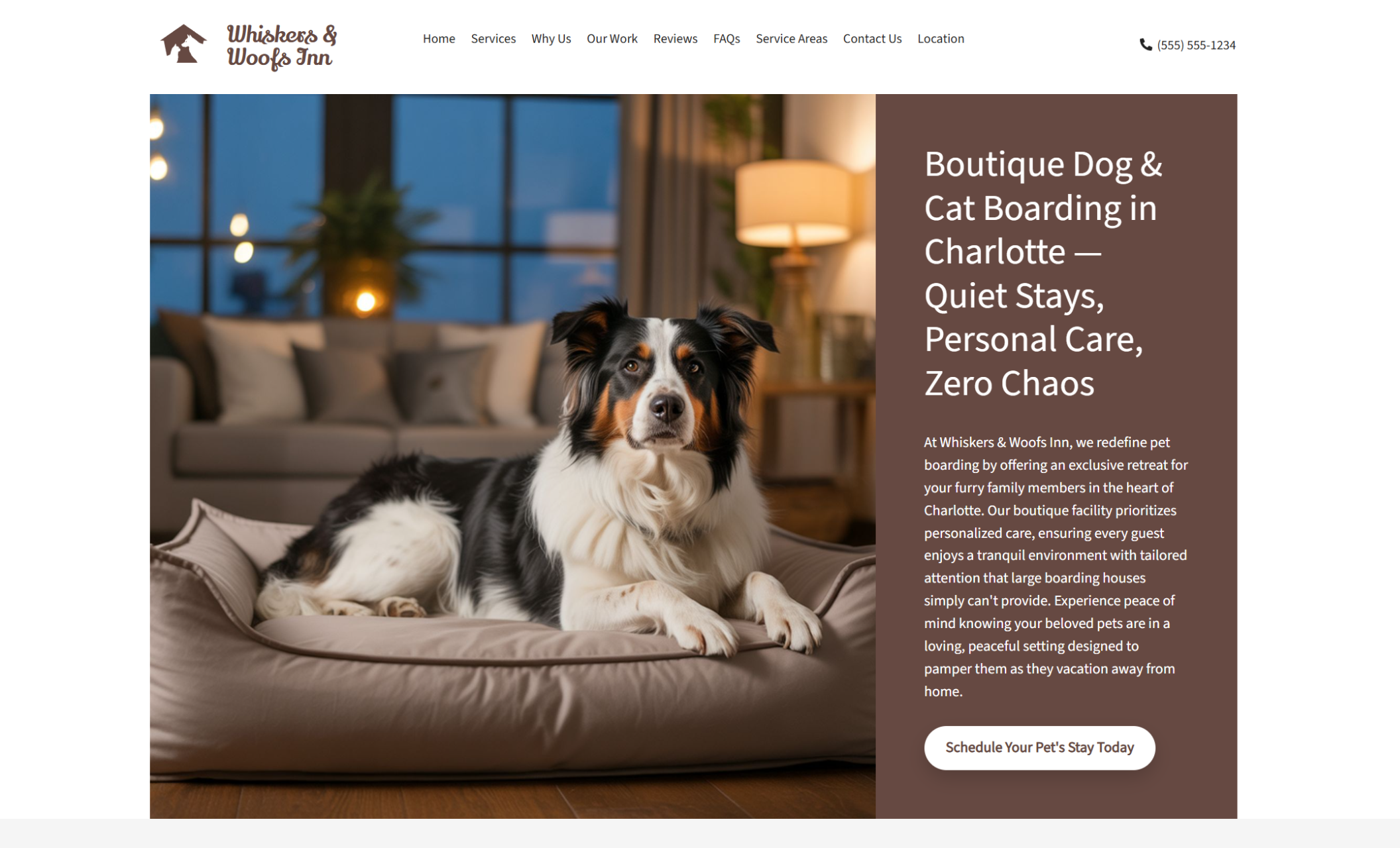 Whiskers & Woofs Inn homepage hero showing a fluffy black-and-white dog lounging on a cushioned bed with soft lamps in the background, paired with the headline “Boutique Dog & Cat Boarding in Charlotte — Quiet Stays, Personal Care, Zero Chaos.”