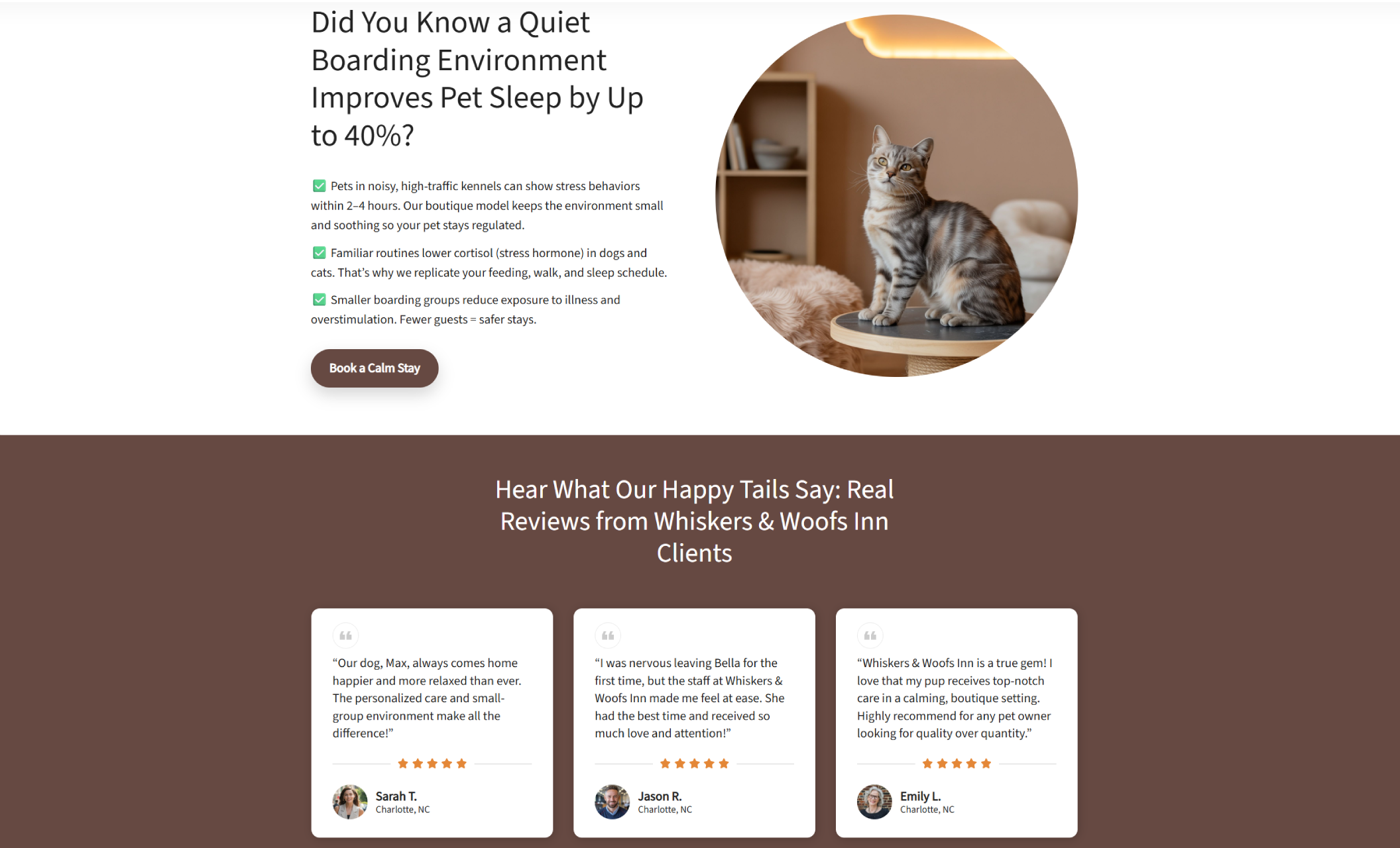 A Whiskers & Woofs Inn informational section showing a tabby cat seated on a modern wooden table under warm lighting next to text explaining how quiet boarding environments improve sleep and reduce stress for pets