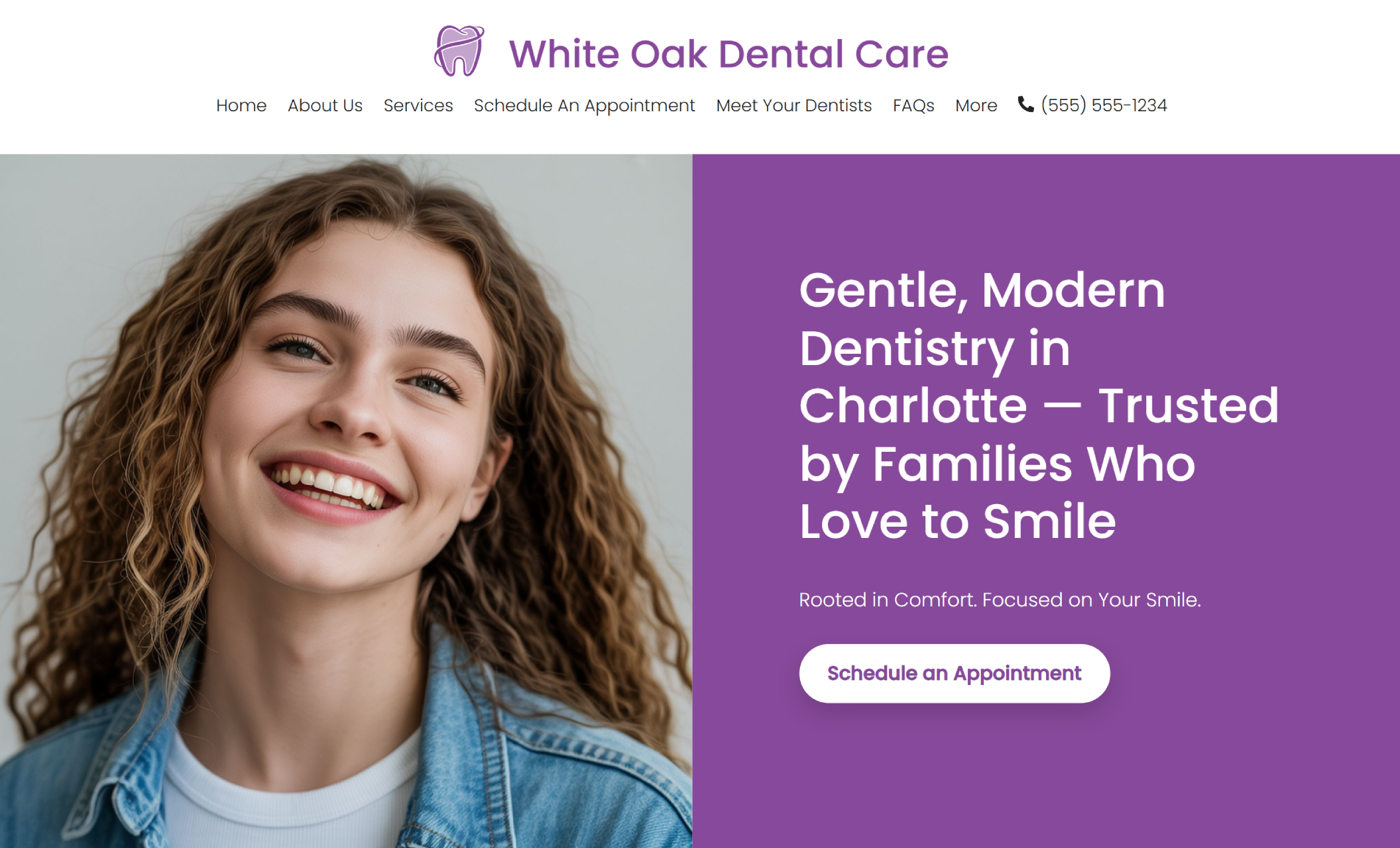 White Oak Dental Care homepage featuring a smiling young woman with curly hair beside the headline “Gentle, Modern Dentistry in Charlotte — Trusted by Families Who Love to Smile” and a purple button that says “Schedule an Appointment.”
