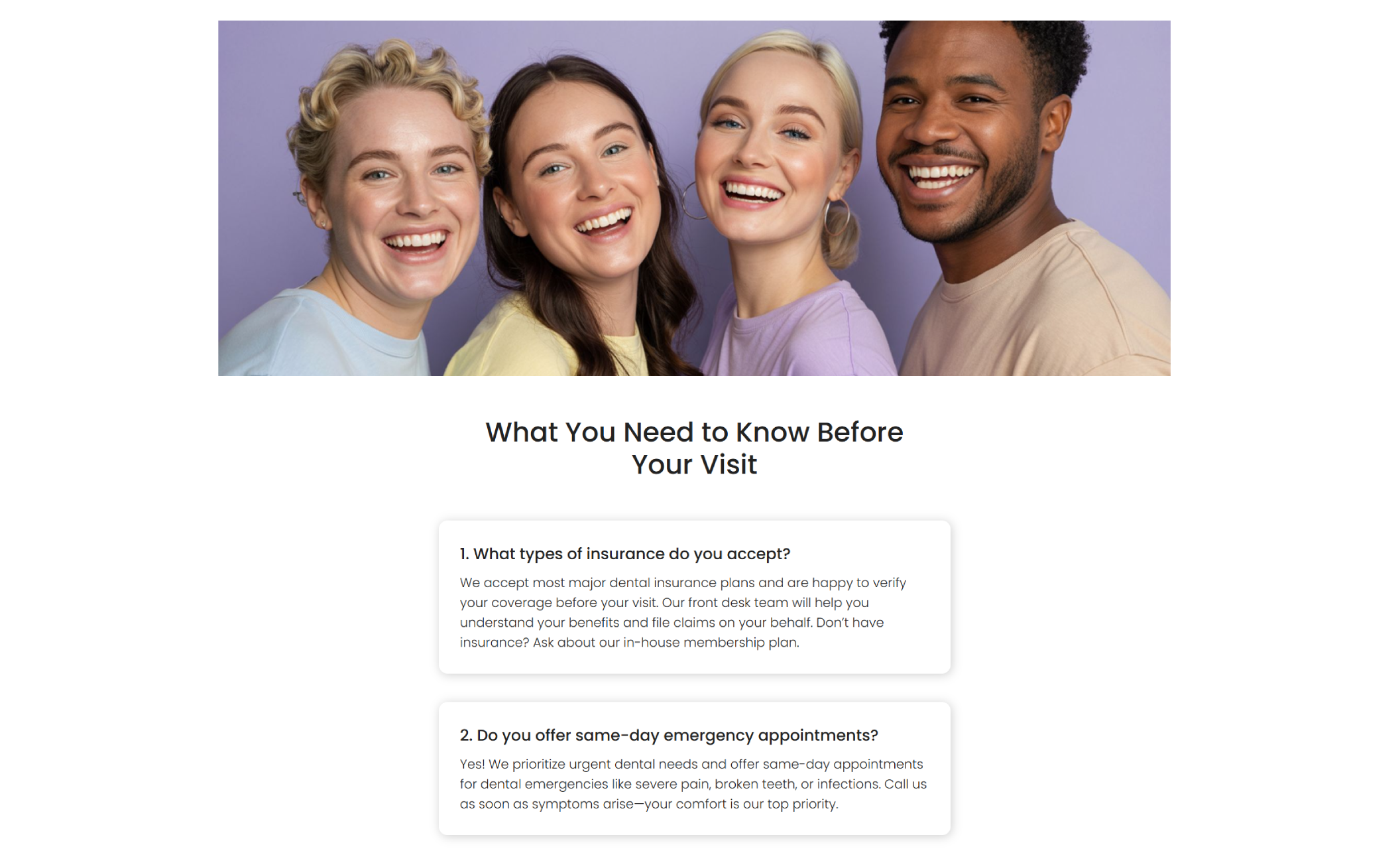 Friendly group photo of four diverse, smiling patients above a section titled “What You Need to Know Before Your Visit” featuring two FAQs about accepted insurance and emergency appointments
