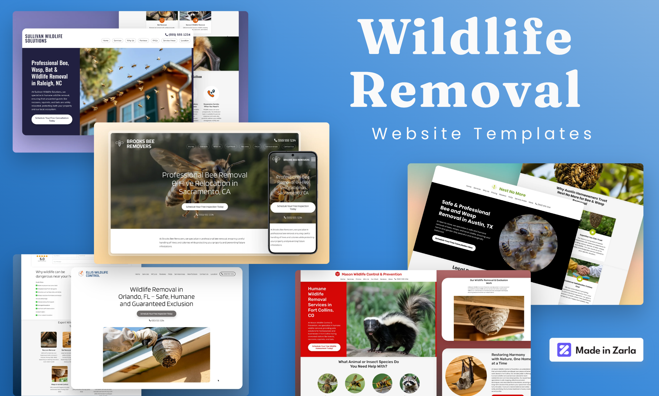 Collection of wildlife removal website templates created with Zarla