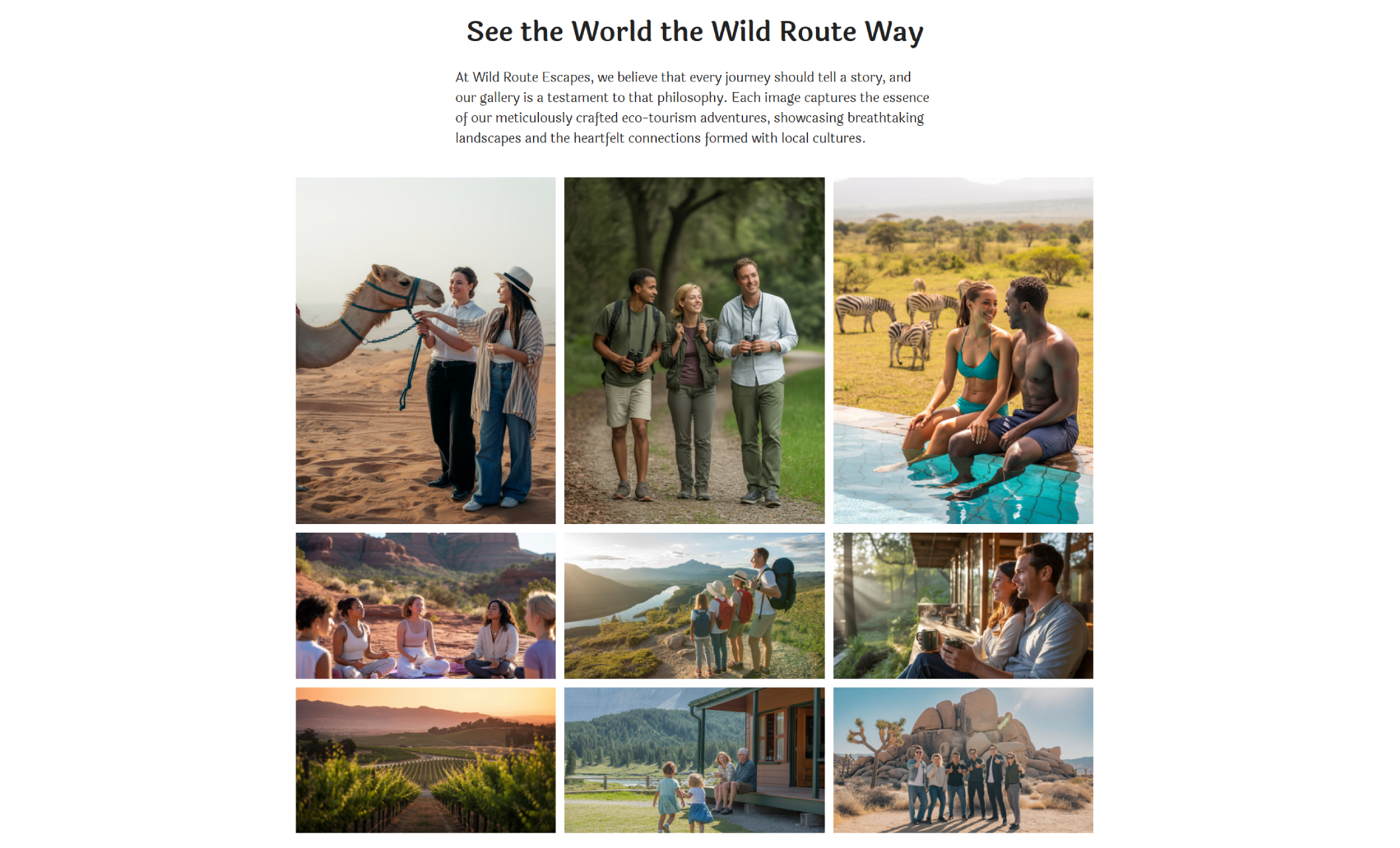 Wild Route Escapes gallery section showcasing eco-luxury travel experiences, including travelers interacting with local wildlife, hiking scenic landscapes, relaxing at safari lodges, and enjoying immersive cultural moments beneath the headline “See the World the Wild Route Way.”