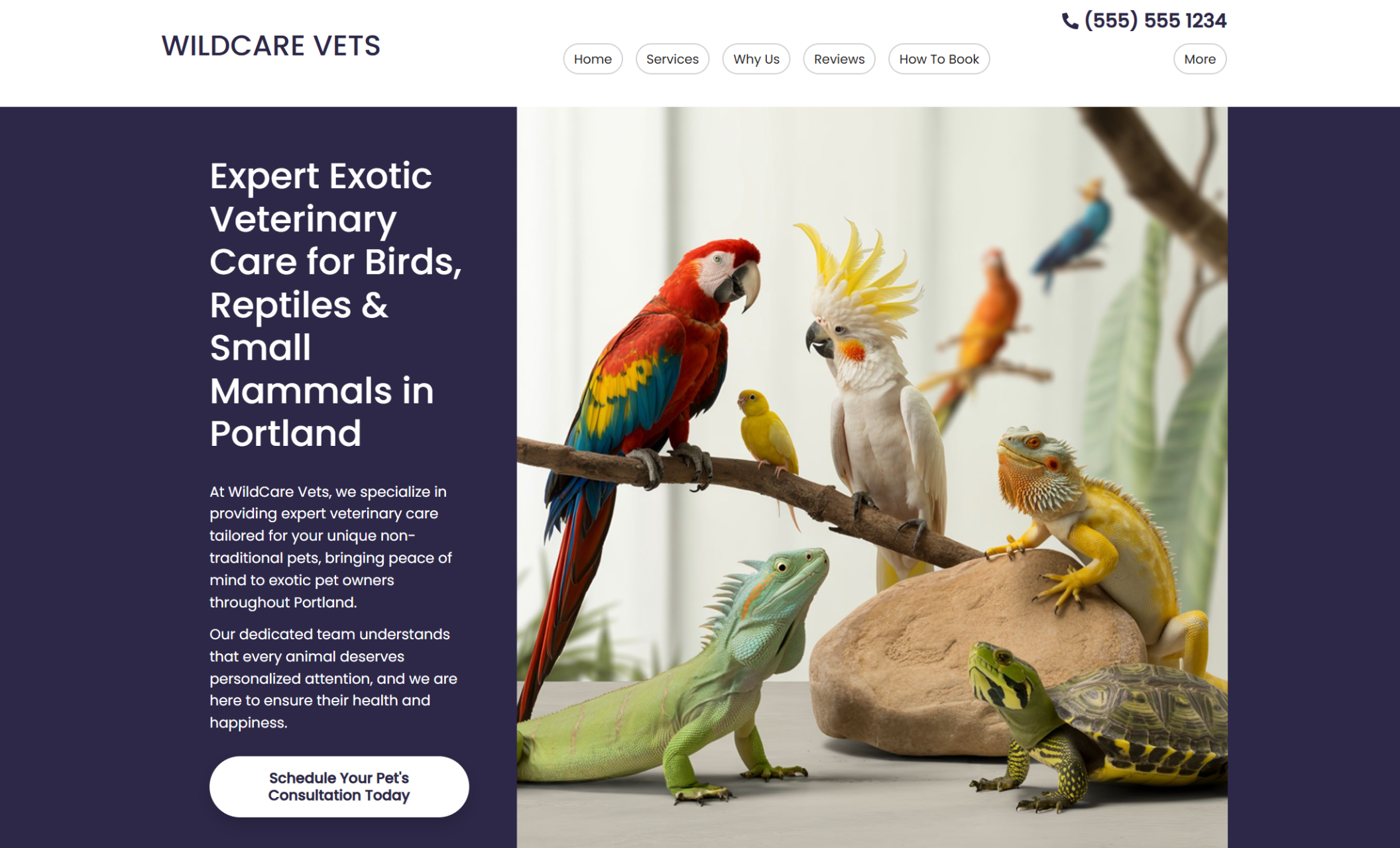 WildCare Vets homepage featuring colorful parrots, reptiles, and small mammals gathered on branches and stones beside the headline “Expert Exotic Veterinary Care for Birds, Reptiles & Small Mammals in Portland” and a button labeled “Schedule Your Pet’s Consultation Today.”