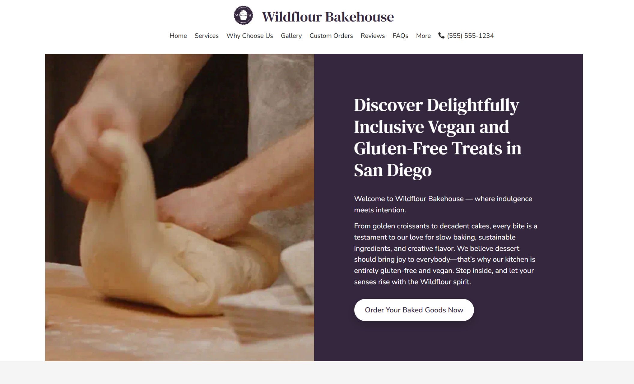 Homepage of Wildflour Bakehouse featuring a close-up video still of hands kneading dough beside a headline that reads “Discover Delightfully Inclusive Vegan and Gluten-Free Treats in San Diego” and a white button labeled “Order Your Baked Goods Now.”