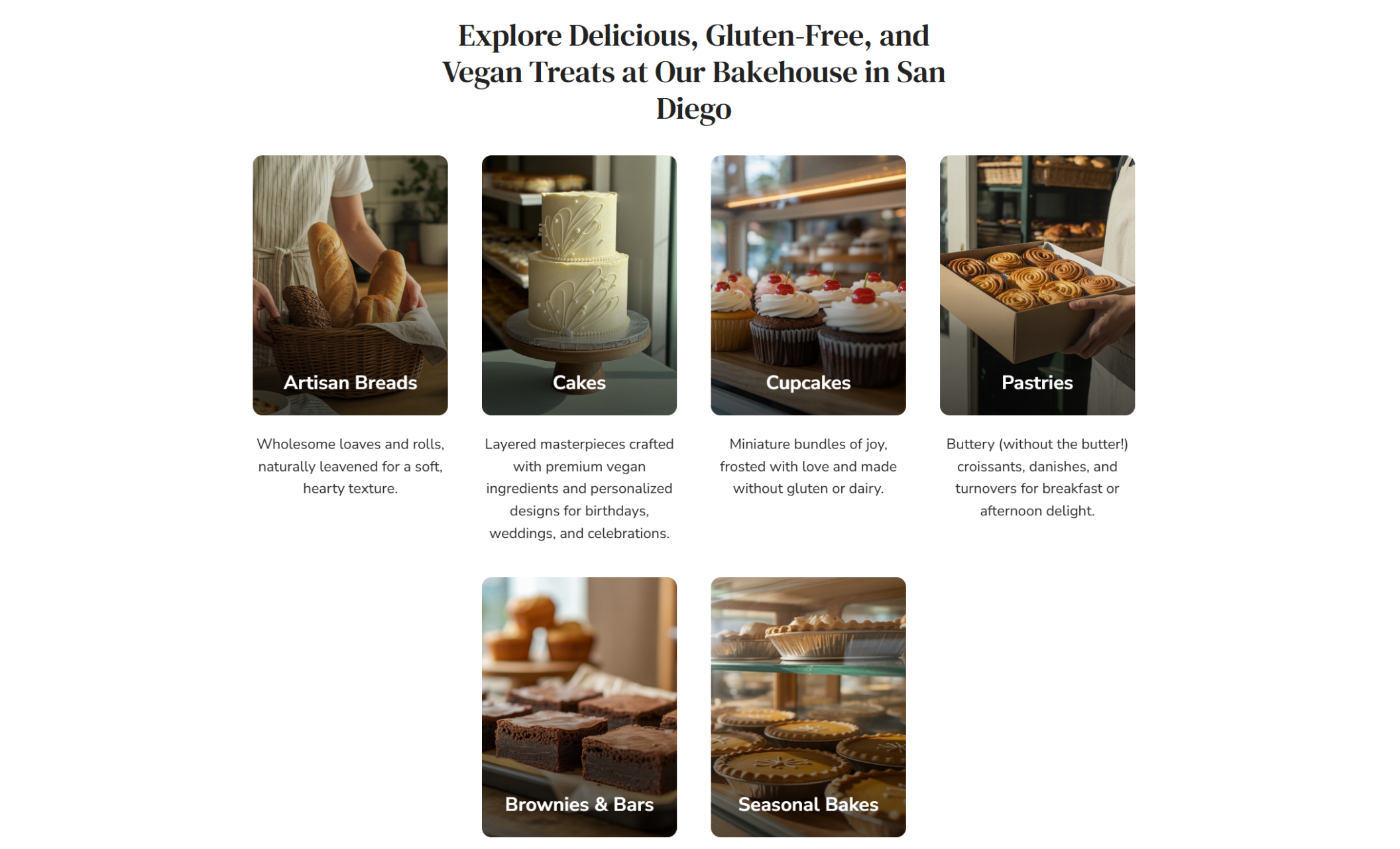 Product showcase section of Wildflour Bakehouse displaying six photo cards — including artisan breads, cakes, cupcakes, pastries, brownies, and seasonal bakes — each with a short descriptive caption
