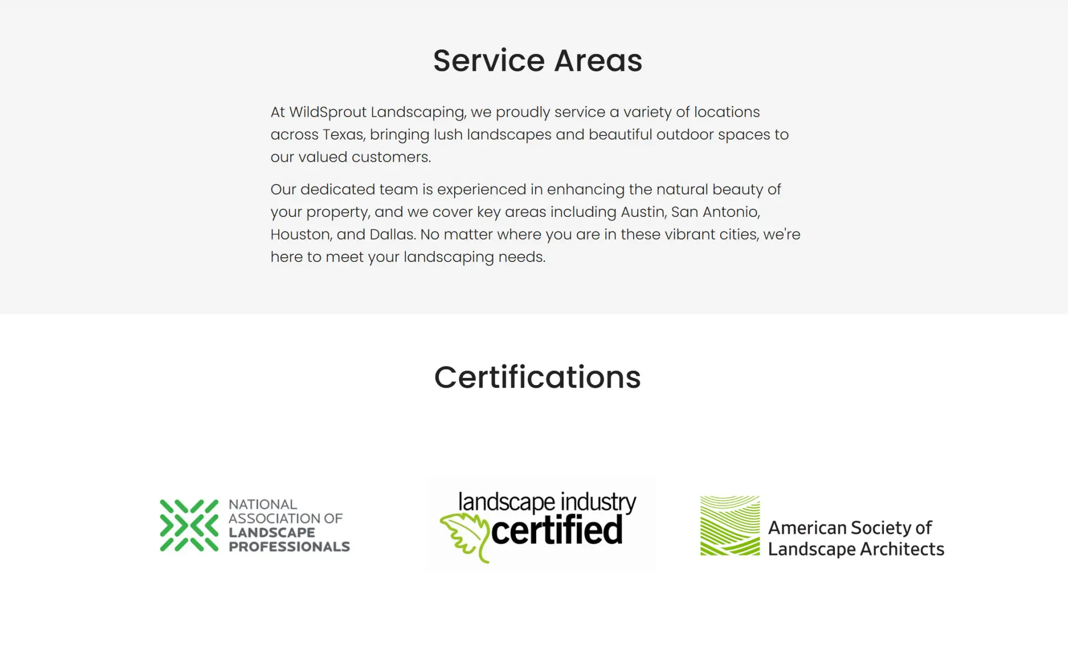 WildSprout Landscaping's website displaying service areas, and certifications