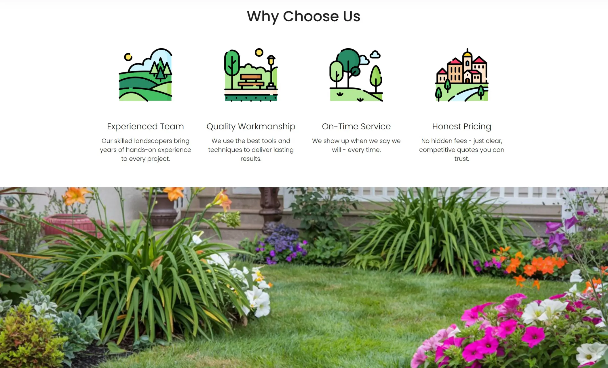 WildSprout Landscaping's website displaying the "Why Choose us" section, and an image of a small garden