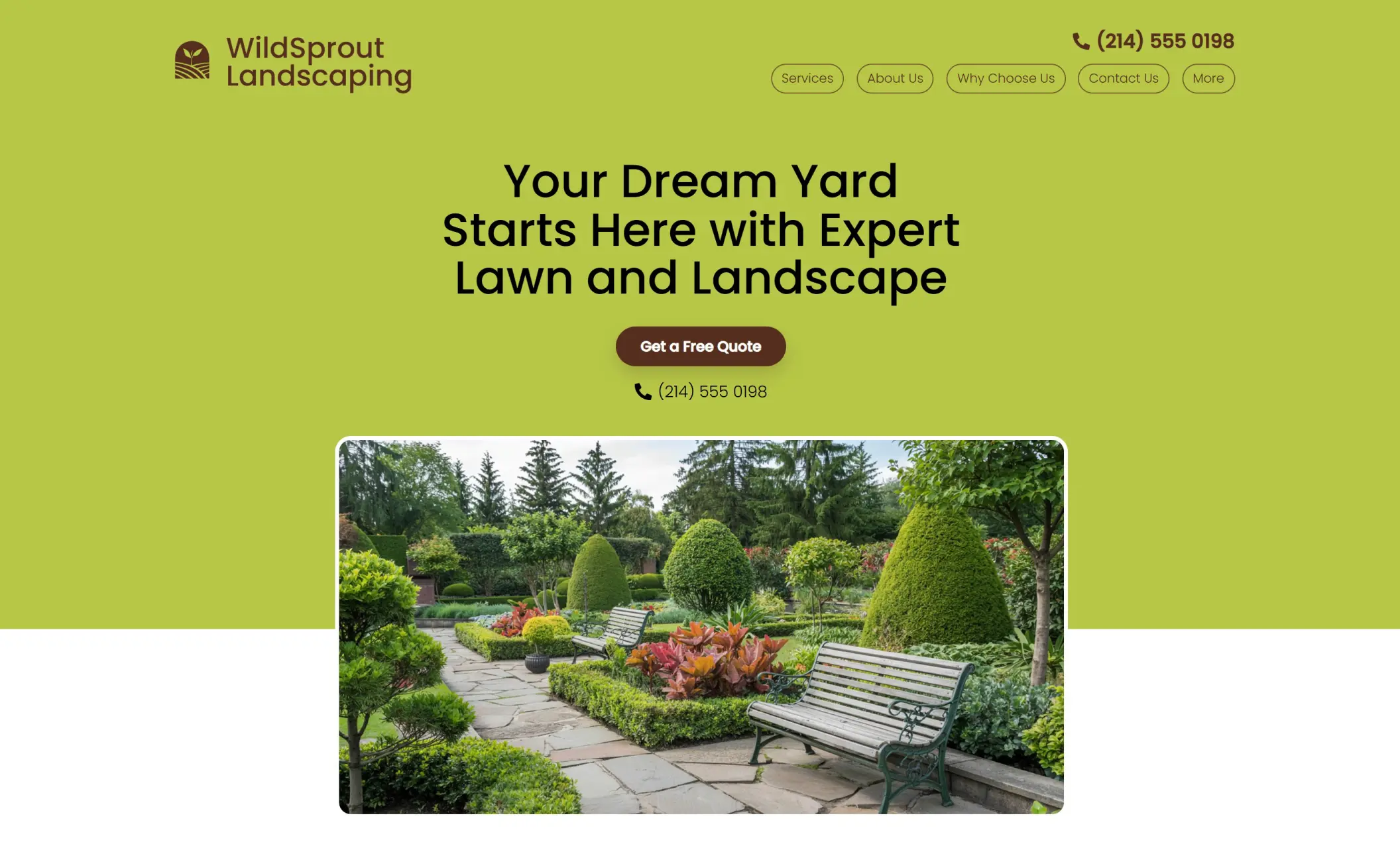 WildSprout Landscaping's homepage featuring the image of a public park, company branding, call-to-action button, and a phone number