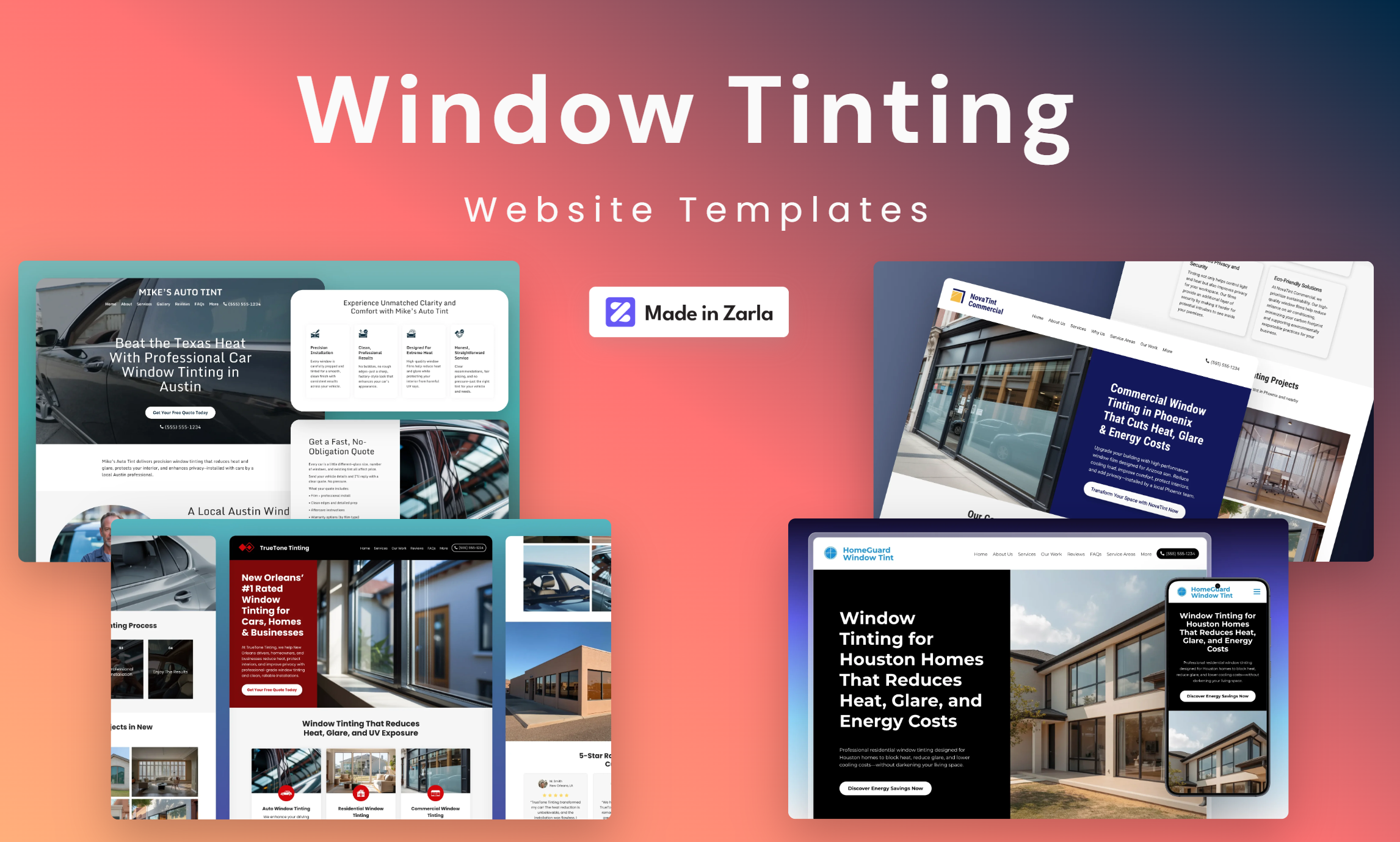 Collection of window tinting website templates created with Zarla