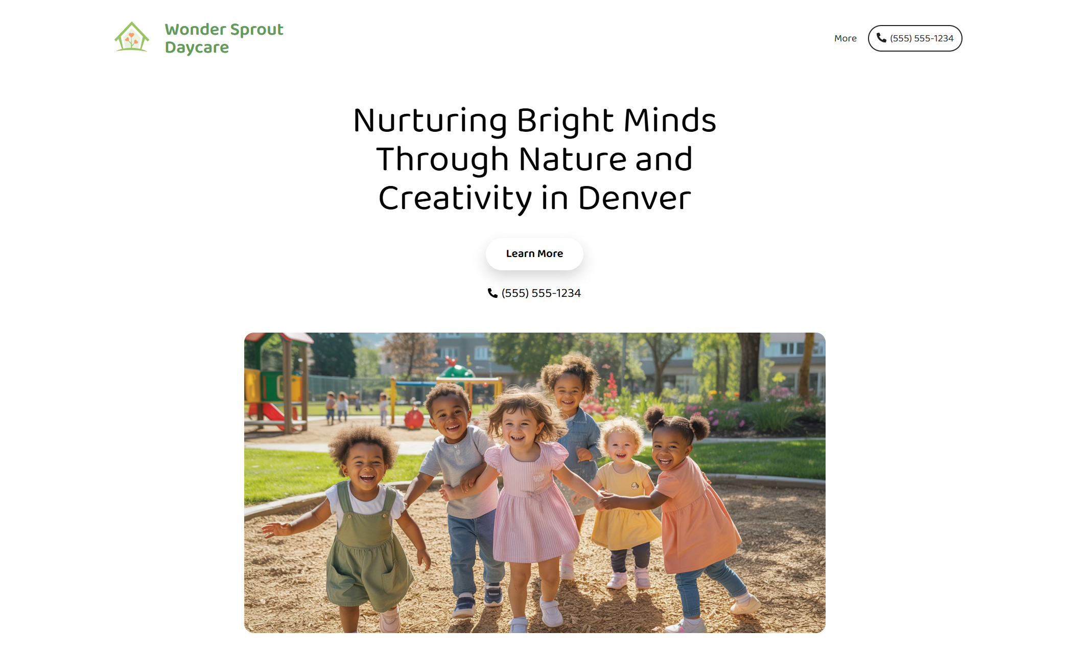 Wonder Sprout Daycare homepage showing a group of smiling children holding hands and running together in a sunny outdoor playground, beneath the headline “Nurturing Bright Minds Through Nature and Creativity in Denver” with a white “Learn More” button