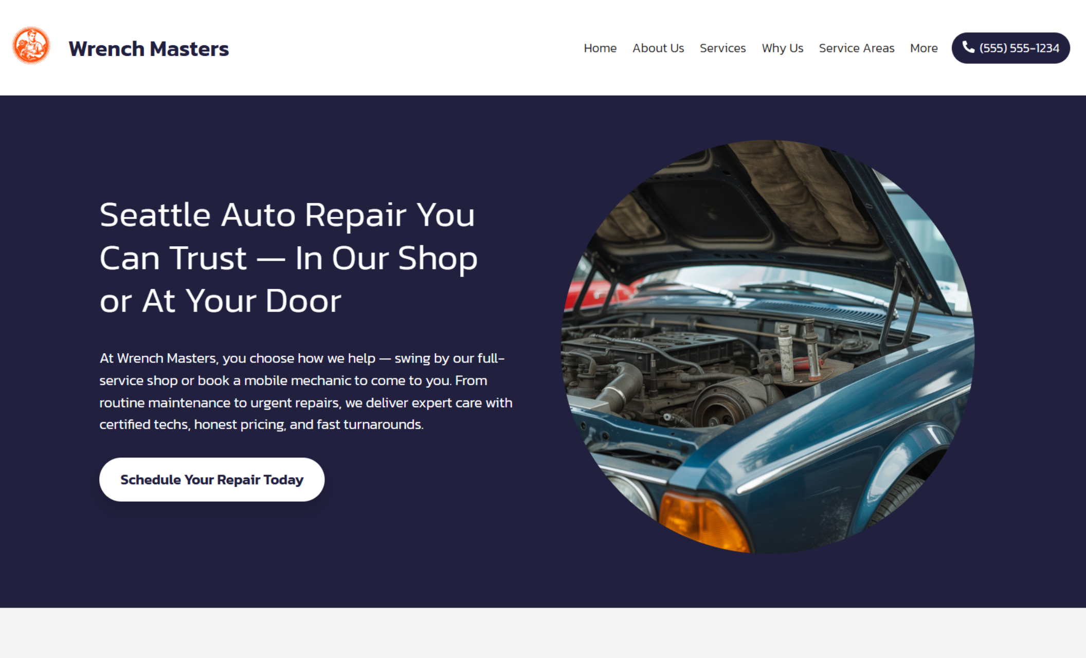 Wrench Masters homepage with a circular photo of an open car engine on the right, beside the navy headline “Seattle Auto Repair You Can Trust — In Our Shop or At Your Door” and a white button labeled “Schedule Your Repair Today.”